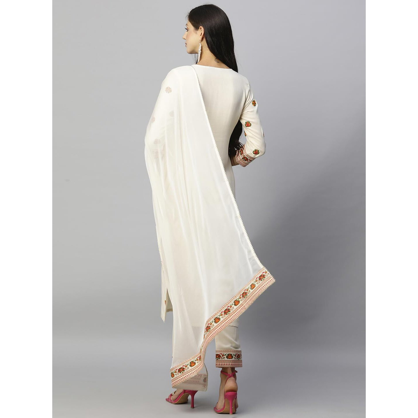 GoSriKi Women's Cotton Blend Straight Printed Kurta with Pant & Dupatta (Bakhshi Cream-GS_S_Cream_Small)
