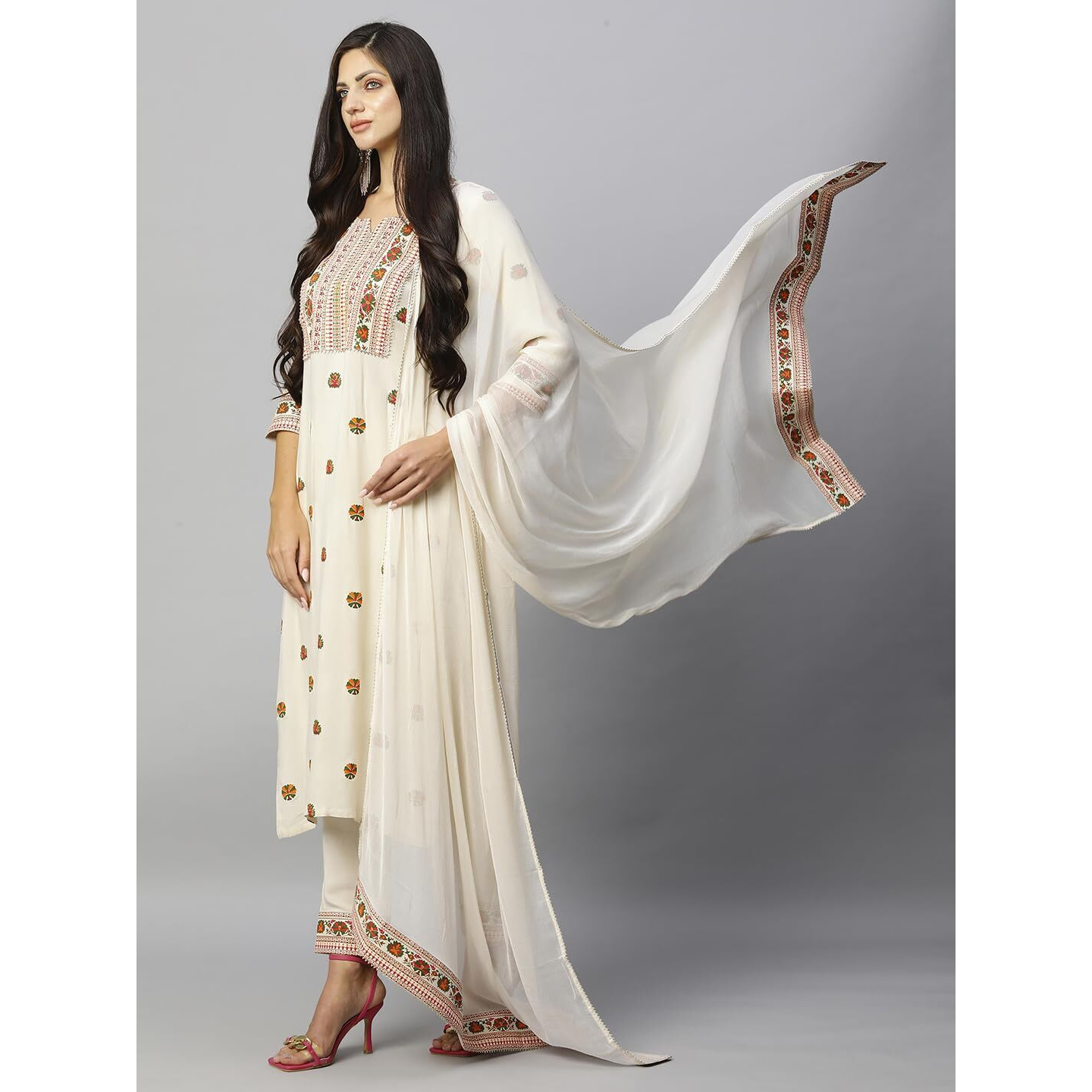 GoSriKi Women's Cotton Blend Straight Printed Kurta with Pant & Dupatta (Bakhshi Cream-GS_S_Cream_Small)