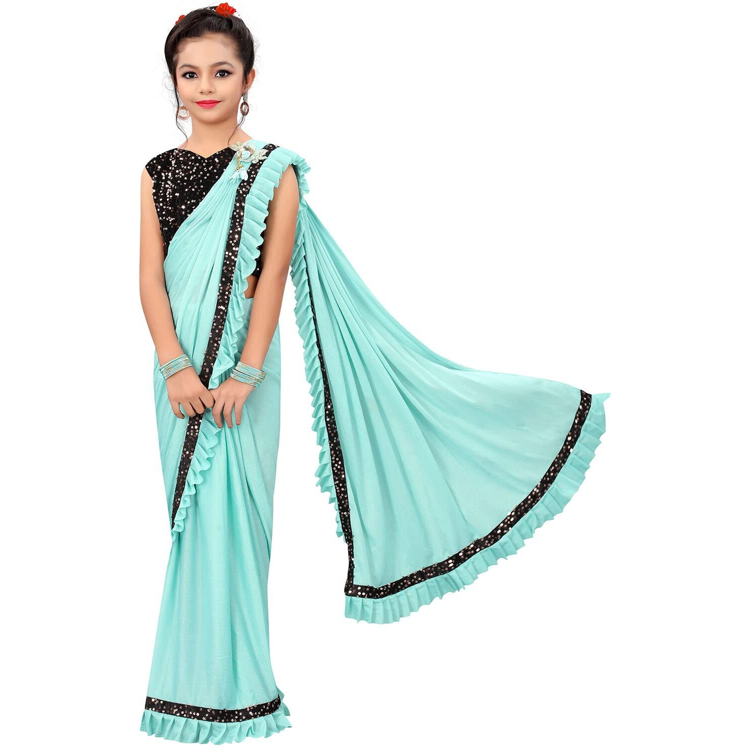 Dhyey fashion Girls Lycra Blend Ruffle Pattern Saree With Velvet Unstitched Blouse Piece