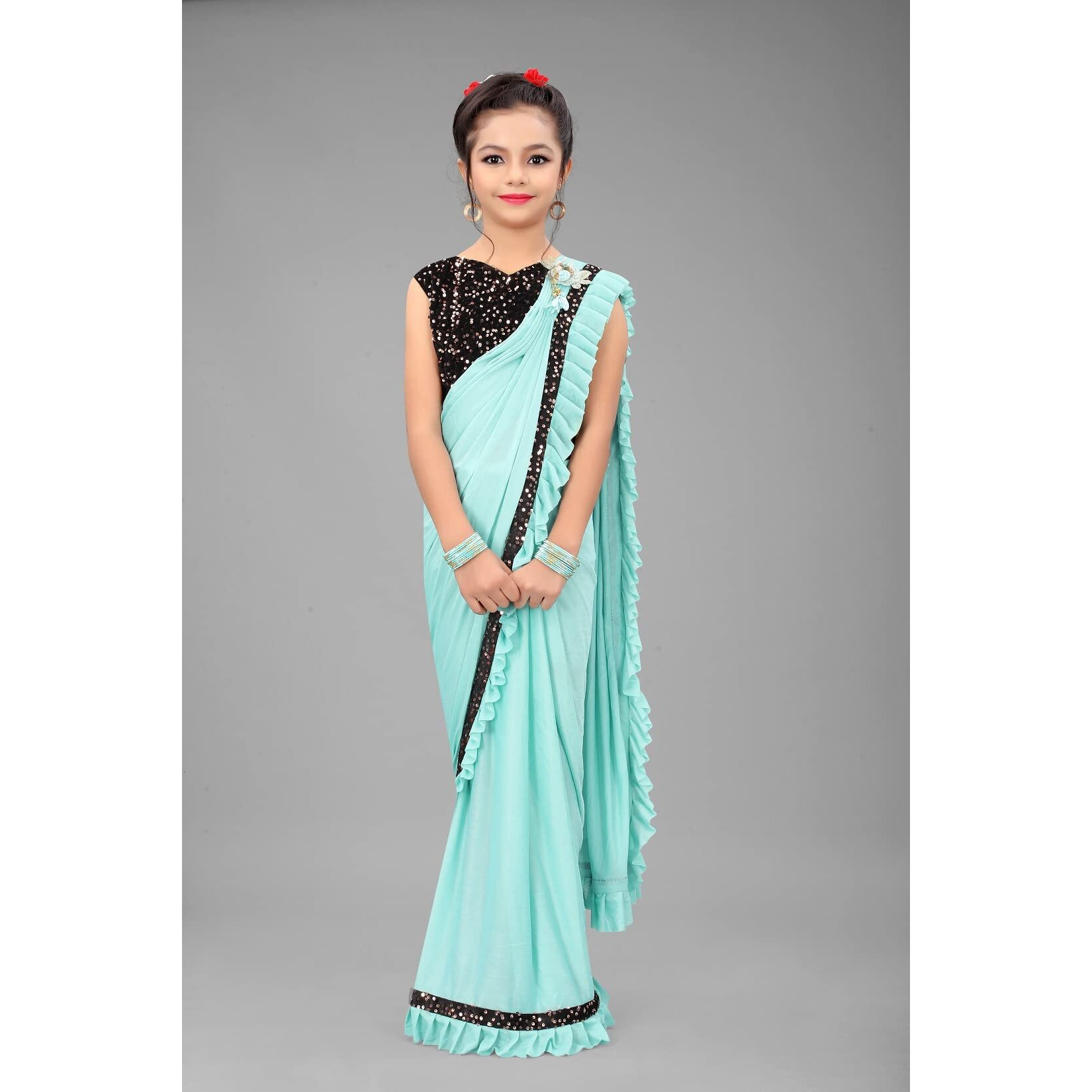 Dhyey fashion Girls Lycra Blend Ruffle Pattern Saree With Velvet Unstitched Blouse Piece