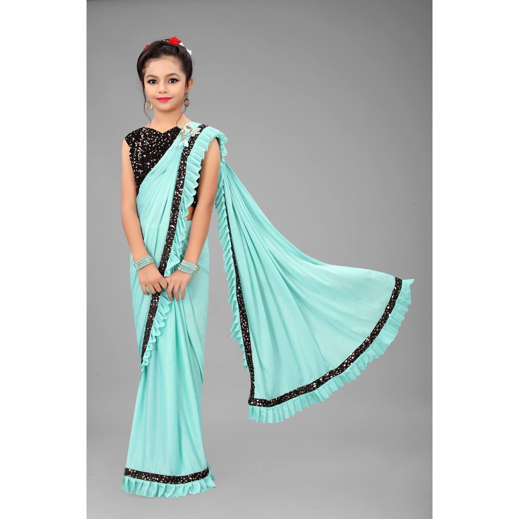 Dhyey fashion Girls Lycra Blend Ruffle Pattern Saree With Velvet Unstitched Blouse Piece