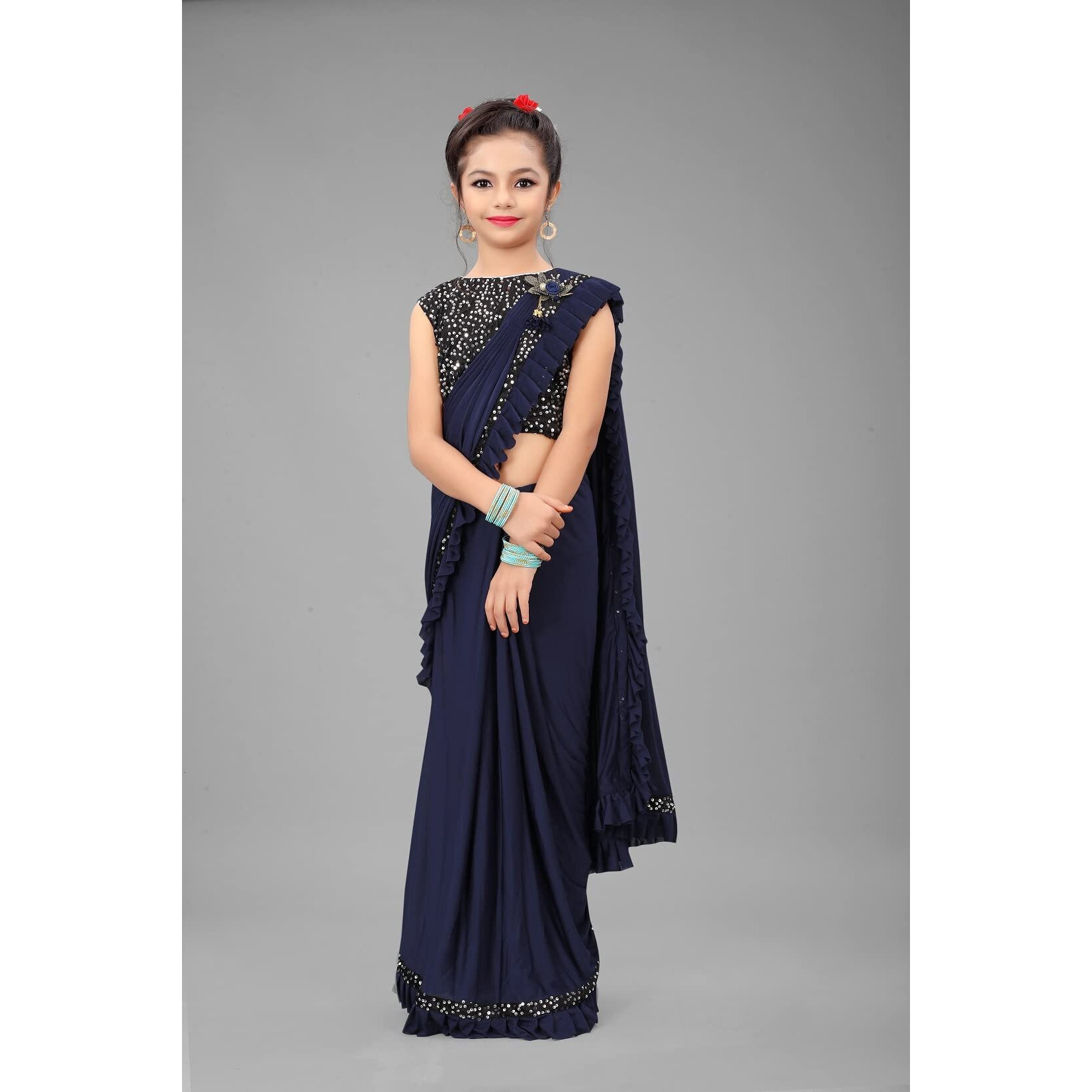Dhyey fashion Girls Lycra Blend Ruffle Pattern Saree With Velvet Unstitched Blouse Piece