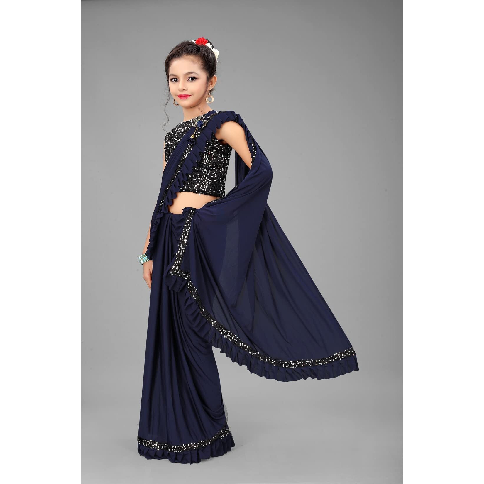 Dhyey fashion Girls Lycra Blend Ruffle Pattern Saree With Velvet Unstitched Blouse Piece