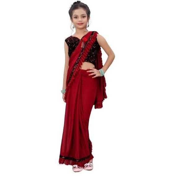 Dhyey fashion Girls Lycra Blend Ruffle Pattern Saree With Velvet Unstitched Blouse Piece