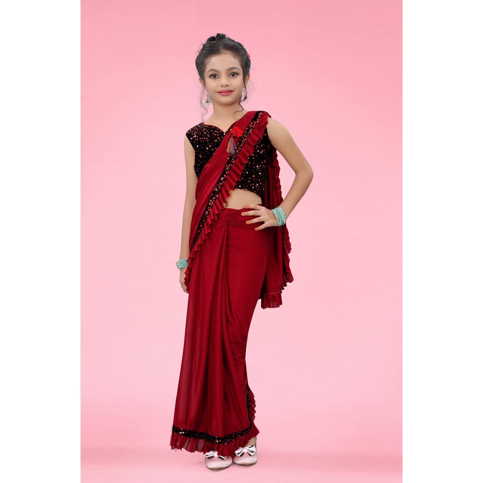 Dhyey fashion Girls Lycra Blend Ruffle Pattern Saree With Velvet Unstitched Blouse Piece