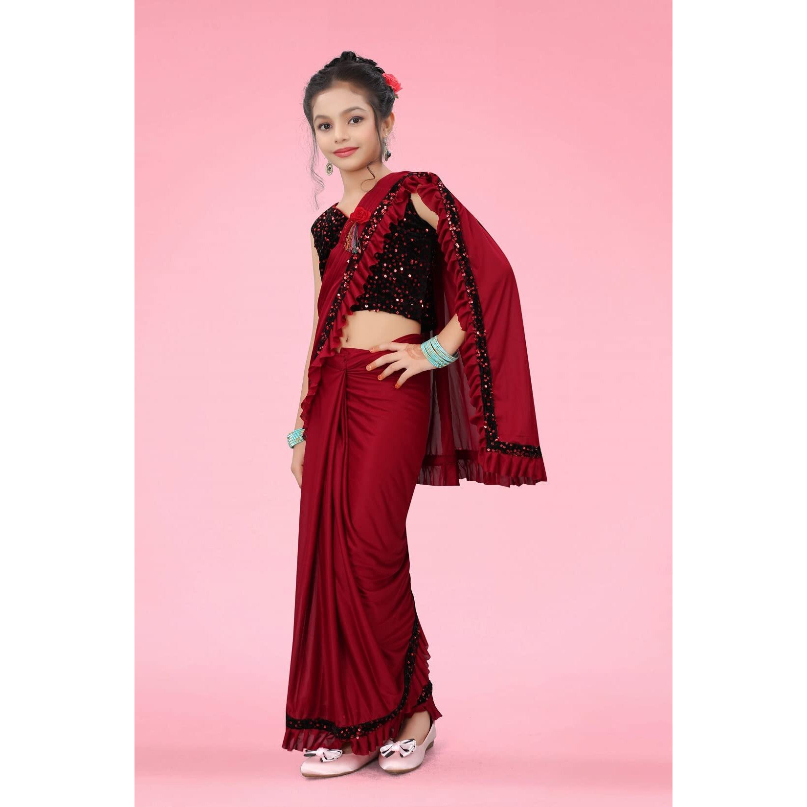 Dhyey fashion Girls Lycra Blend Ruffle Pattern Saree With Velvet Unstitched Blouse Piece