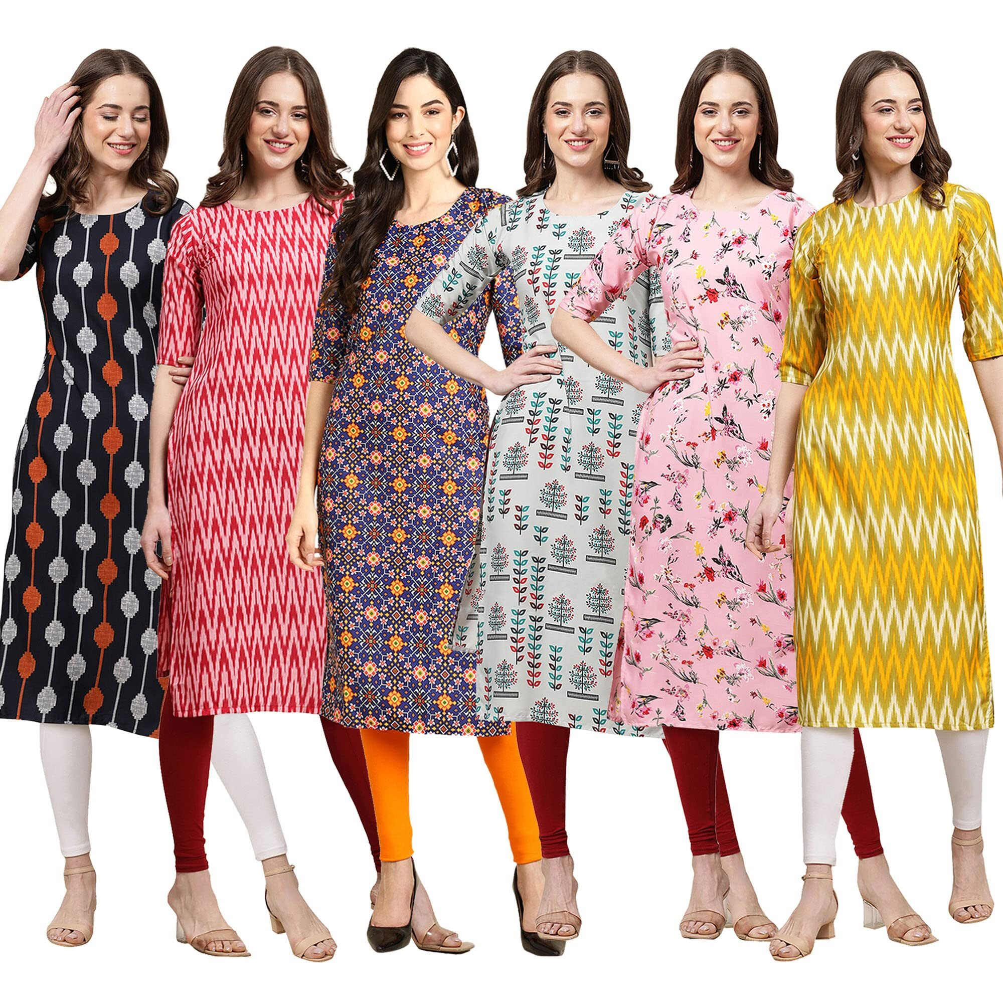Pinkmint Women's Crepe Digital Print Straight Kurta Pack of 6 [CR-330-328-369-340-339-329-S]