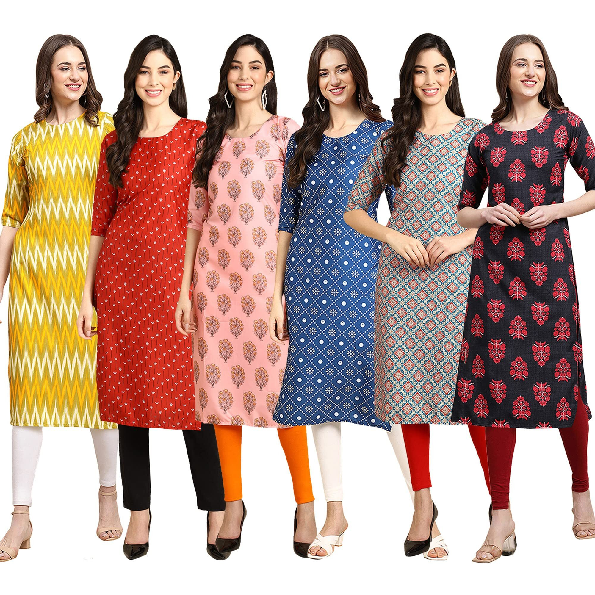 Pinkmint Women's Crepe Digital Print Straight Kurta Pack of 6 [CR-329-370-368-353-372-345-L]