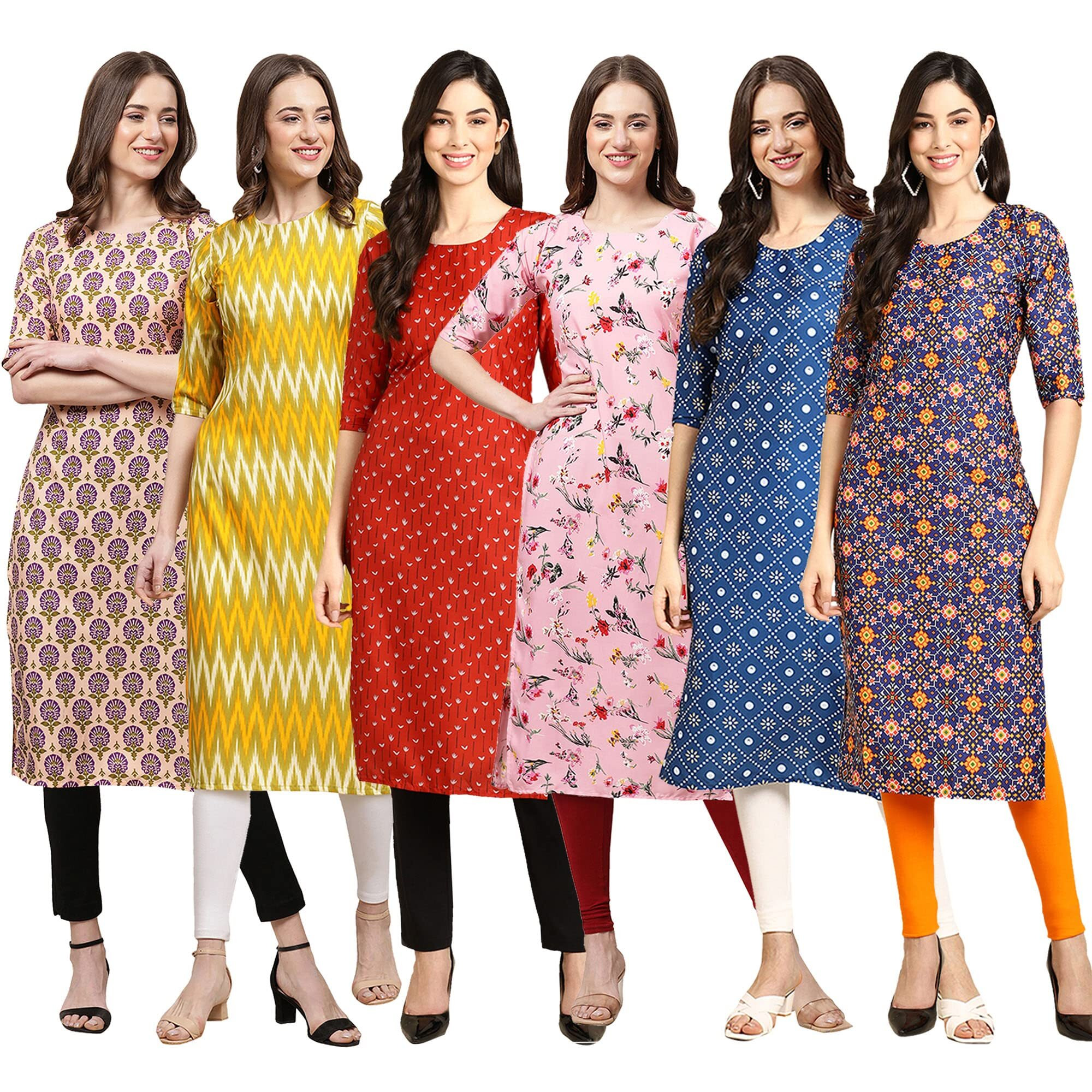 Pinkmint Women's Crepe Digital Print Straight Kurta Pack of 6 [CR-332-329-370-339-353-369-XL]