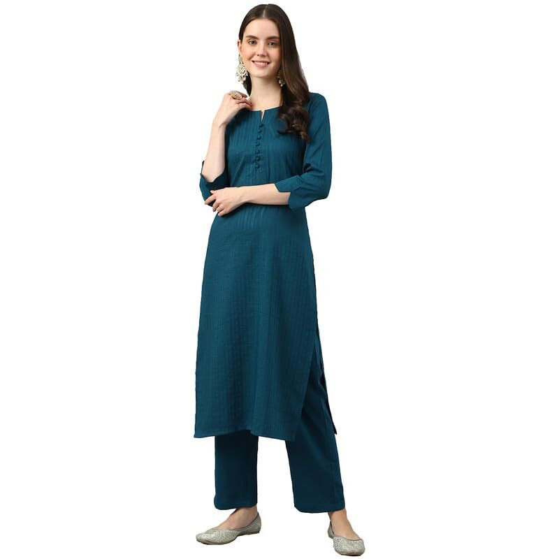 Hritika Womens Viscose Kurti and Pant Set | Calf-Length Striped Kurta Set with Round Neck & 3/4 Sleeves | Button Closure (HRKR2_HRKB0048TEAL_L)