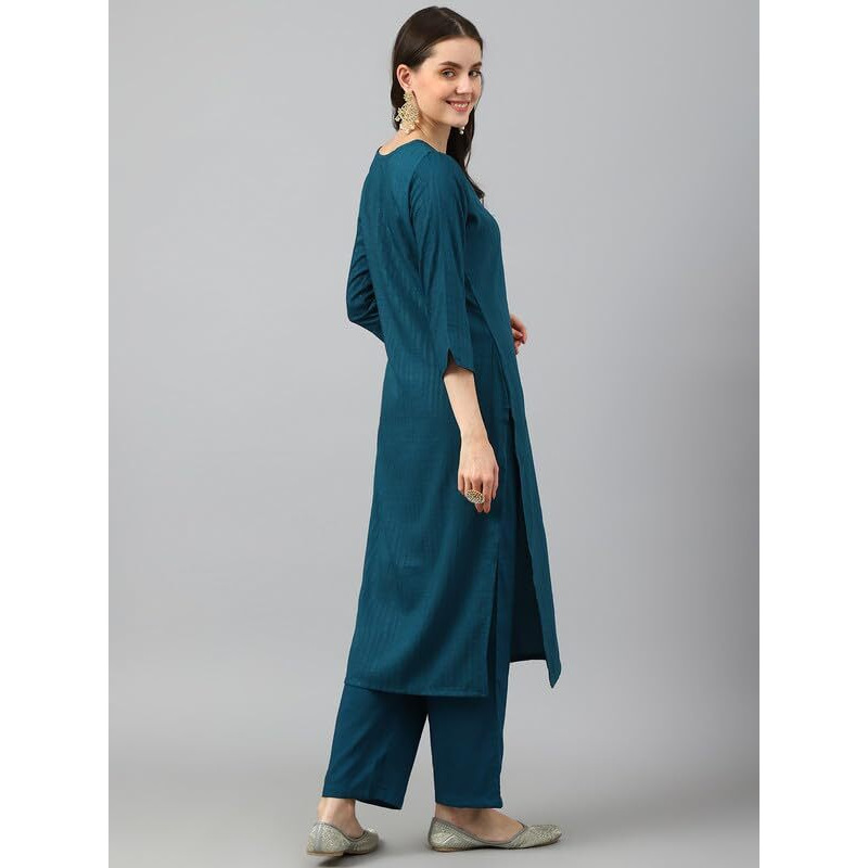 Hritika Womens Viscose Kurti and Pant Set | Calf-Length Striped Kurta Set with Round Neck & 3/4 Sleeves | Button Closure (HRKR2_HRKB0048TEAL_L)