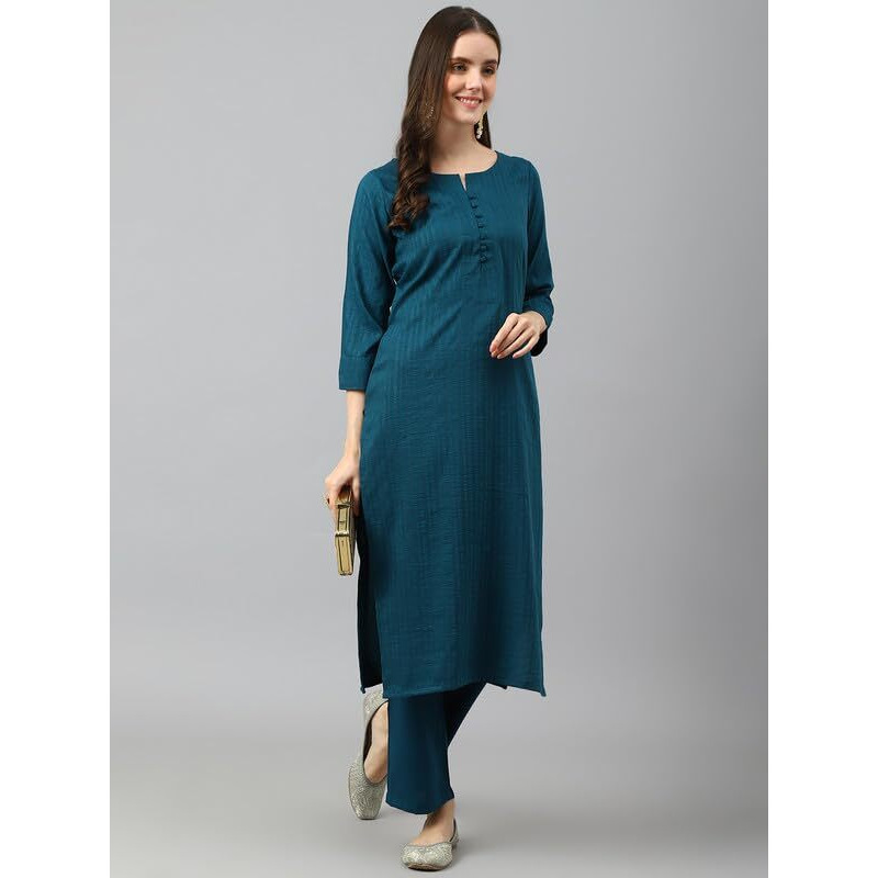 Hritika Womens Viscose Kurti and Pant Set | Calf-Length Striped Kurta Set with Round Neck & 3/4 Sleeves | Button Closure (HRKR2_HRKB0048TEAL_L)