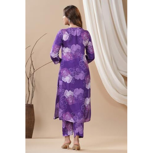 ANNI DESIGNER Women's Cotton Blend Calf Length Printed Straight Co-Ord Set (710 Violet_Purple_Small)
