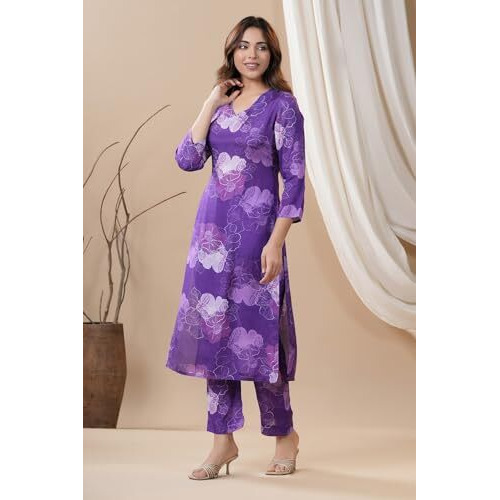 ANNI DESIGNER Women's Cotton Blend Calf Length Printed Straight Co-Ord Set (710 Violet_Purple_Small)