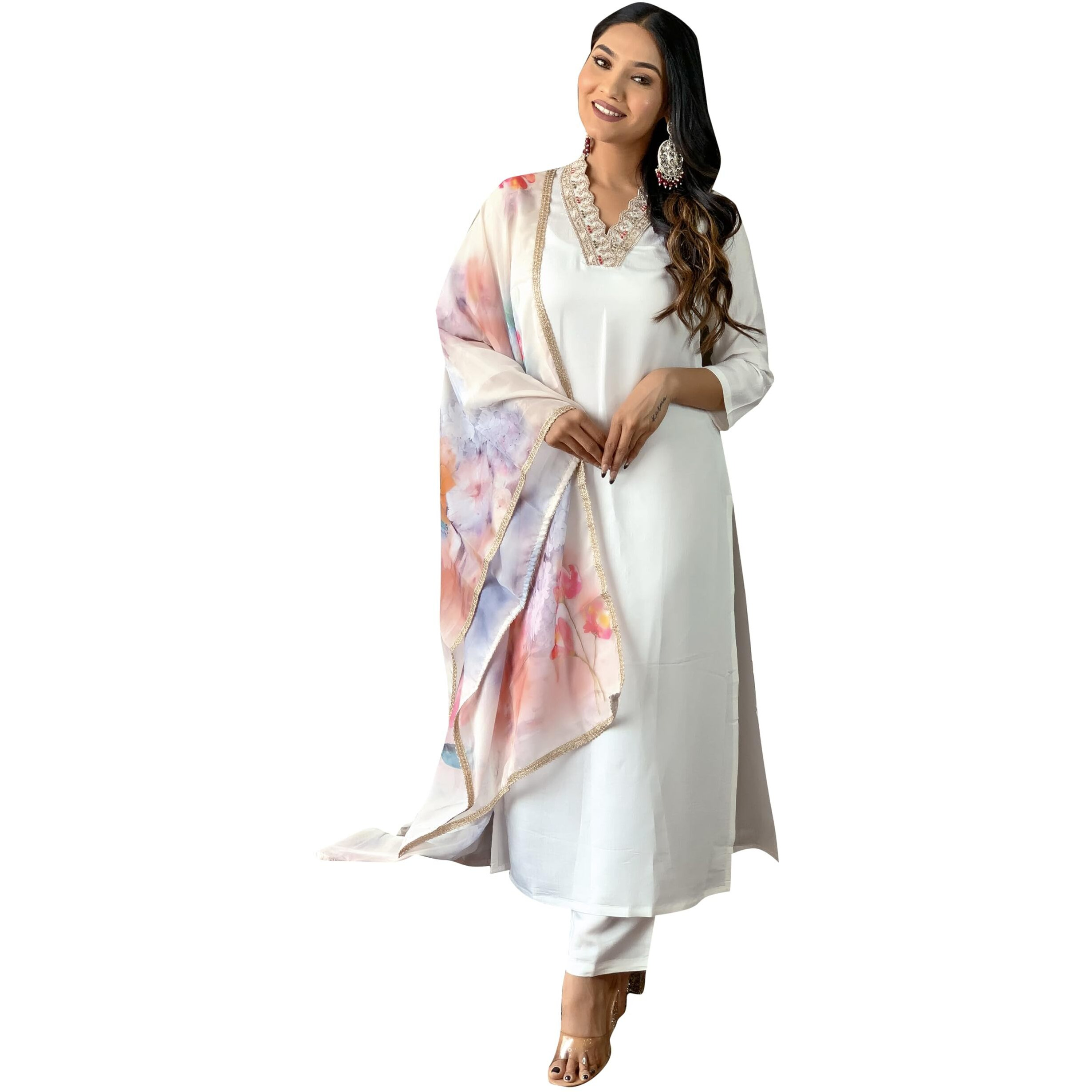 Naixa Women's Offwhite Rayon Blend Embroidered Straight Kurta with Rayon Blend Pant and Organza Printed Dupatta Sets (NX-502-Offwhite-S)