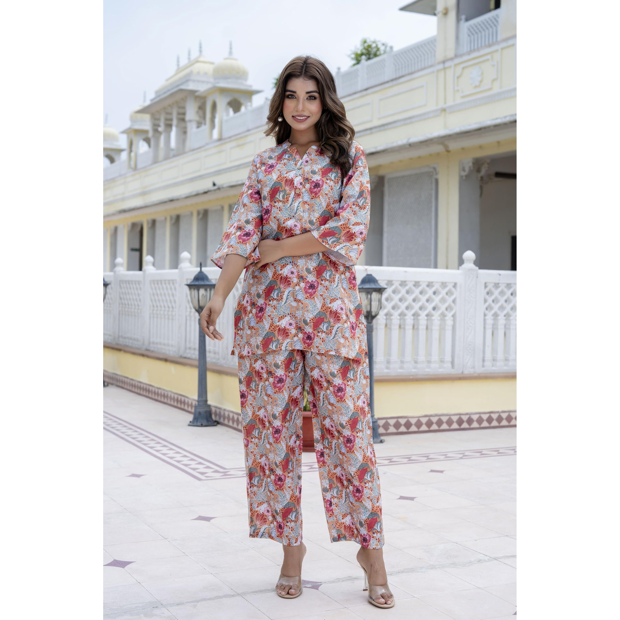 LookMark Women's Trendy Printed Cotton Blend Straight Orange Color Kurta and Palazzo Set (AZ-LM-P1-KS2075 Orange-S)