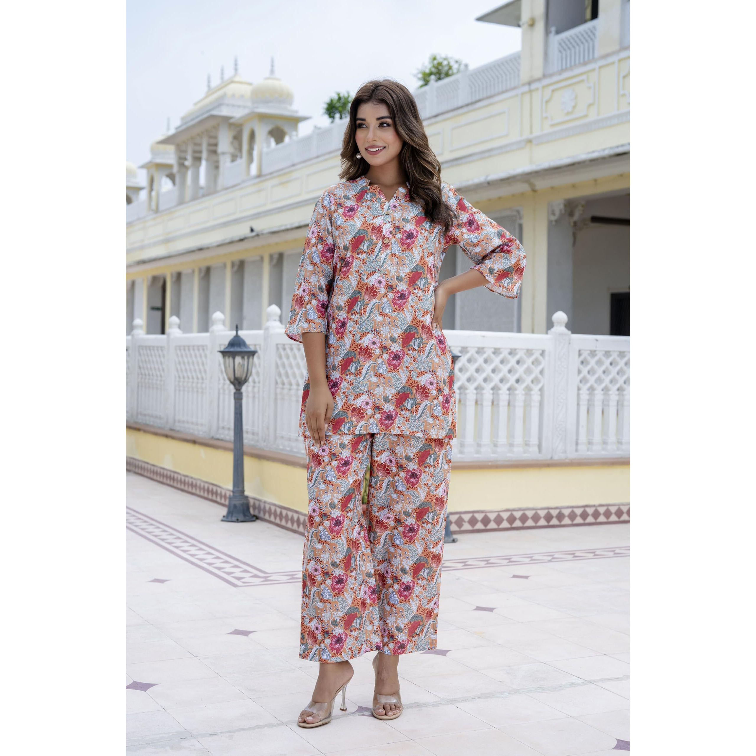 LookMark Women's Trendy Printed Cotton Blend Straight Orange Color Kurta and Palazzo Set (AZ-LM-P1-KS2075 Orange-S)