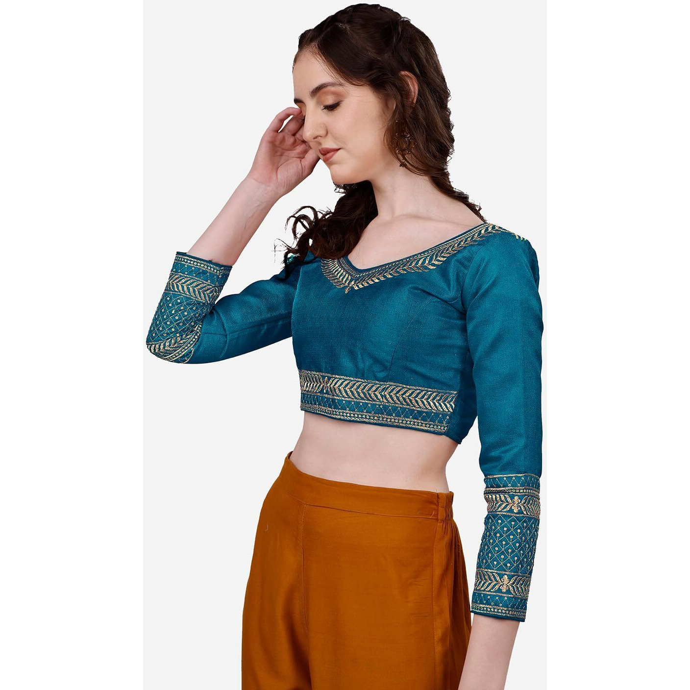 Vihu Fashion Women's Milan Silk Heavy Embroidery with Sequins Worked Full Sleeve Fancy Saree Blouse Morpeach(Charlie Morpeach)