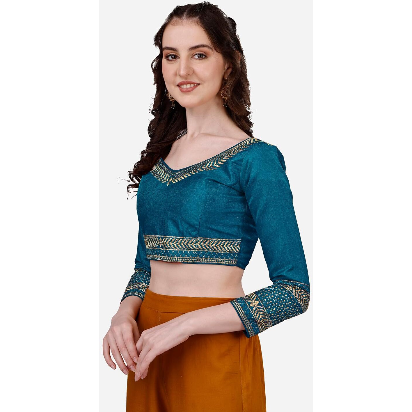Vihu Fashion Women's Milan Silk Heavy Embroidery with Sequins Worked Full Sleeve Fancy Saree Blouse Morpeach(Charlie Morpeach)