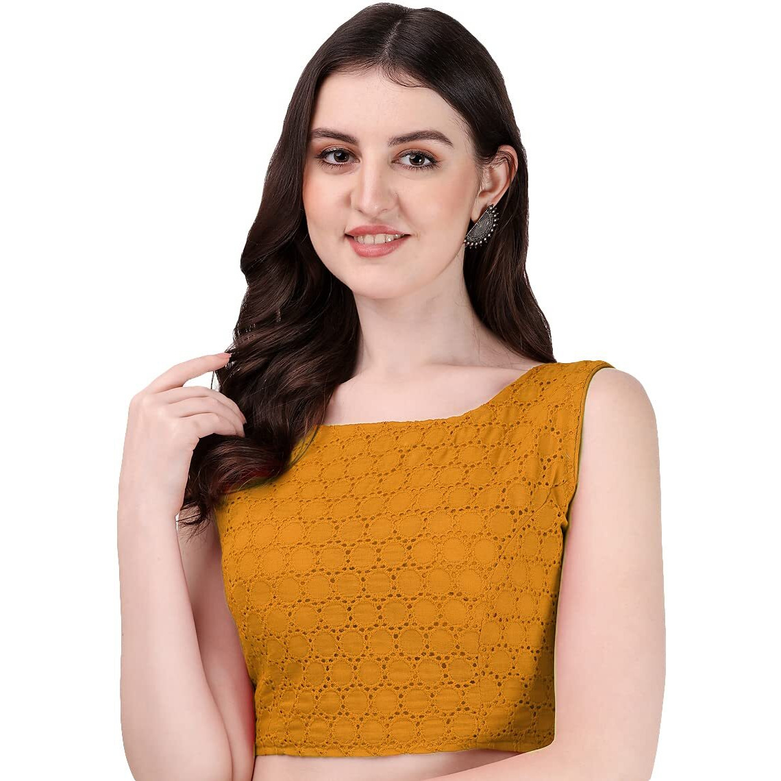 Pujia Mills Women's Women's Cotton Chikankari Embroidery Work Readymade Saree Sleeveless Blouse