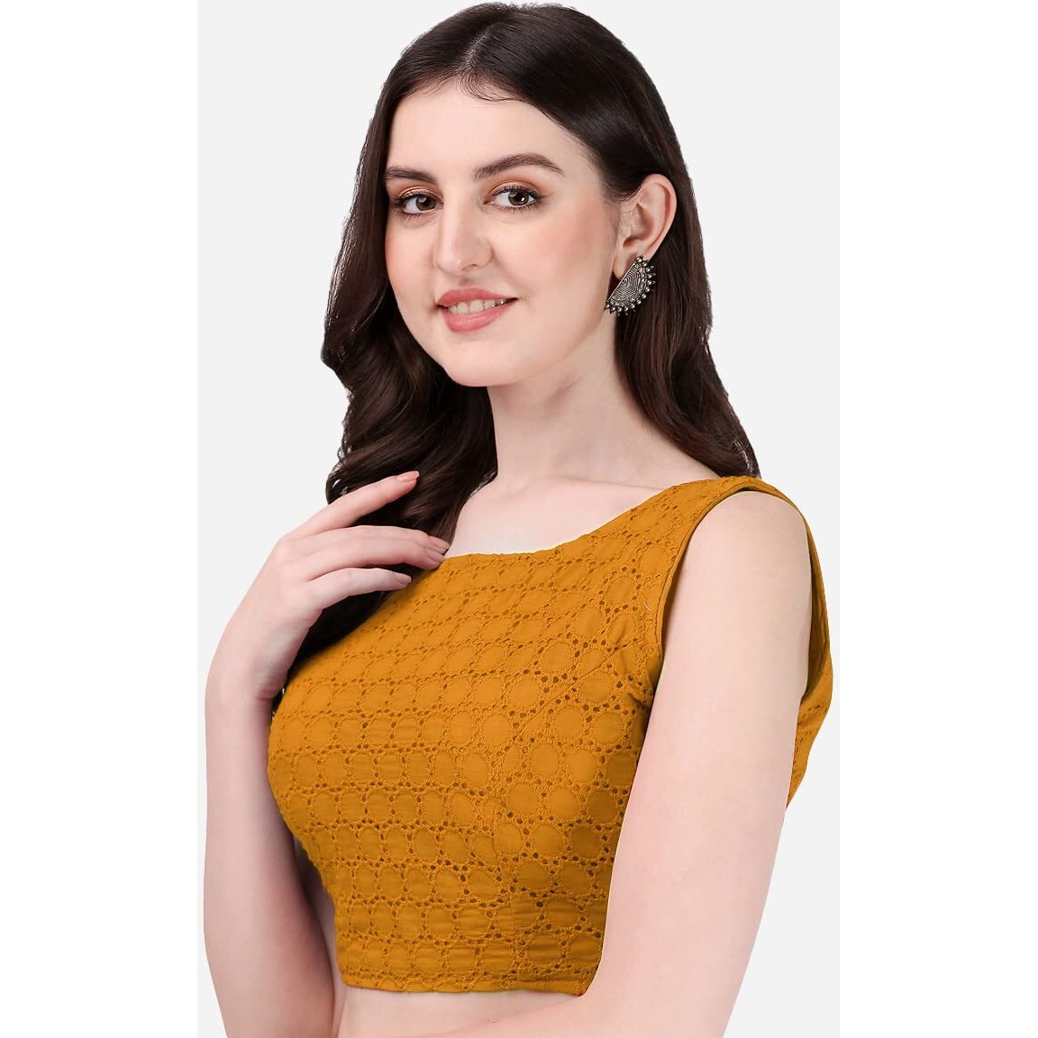 Pujia Mills Women's Women's Cotton Chikankari Embroidery Work Readymade Saree Sleeveless Blouse
