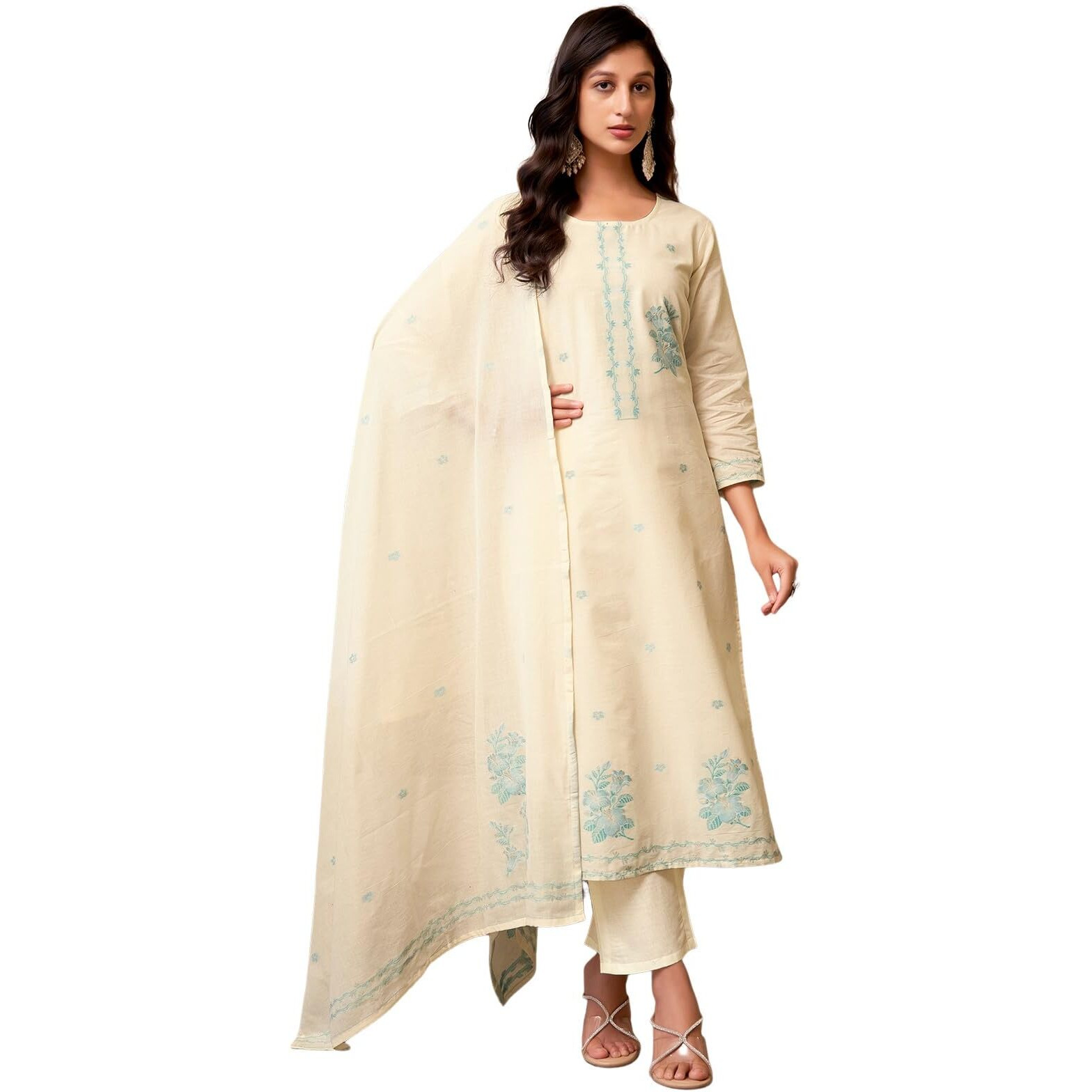 Sanisa Women's Cotton Jacquard Straight Kurta with Pant and Dupatta Set (212KBD2250N-L_Cream & Terquoise10)