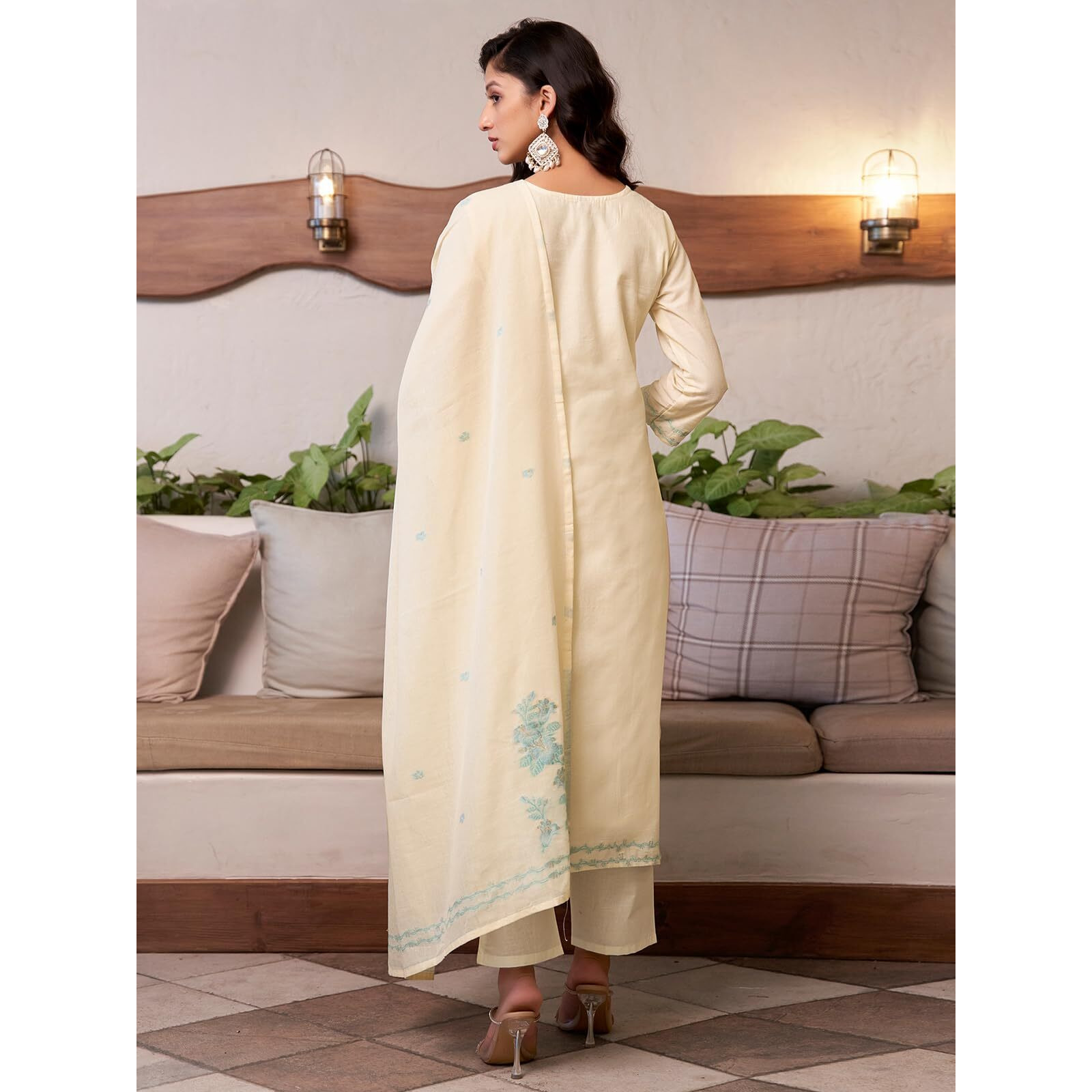 Sanisa Women's Cotton Jacquard Straight Kurta with Pant and Dupatta Set (212KBD2250N-L_Cream & Terquoise10)
