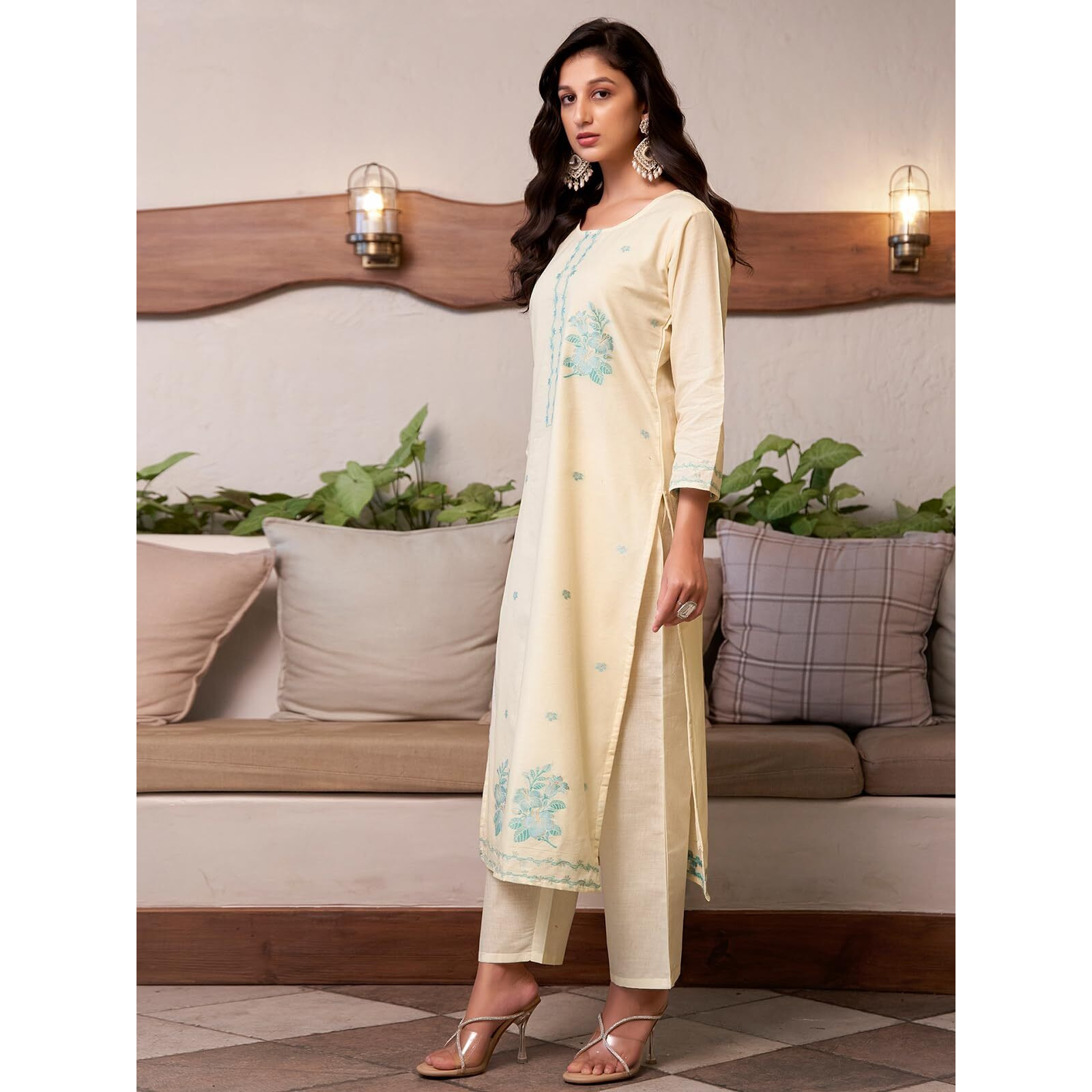 Sanisa Women's Cotton Jacquard Straight Kurta with Pant and Dupatta Set (212KBD2250N-L_Cream & Terquoise10)