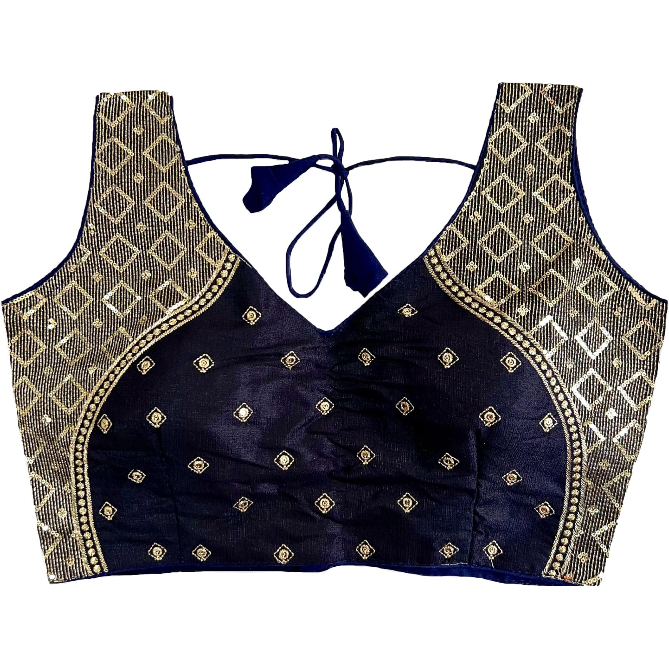 Pujia Mills Women's Sequin Embroidered V Neck Sleeveless Readymade Saree Blouse Indian Ethnic Designer Stitched Women's Readymade Saree Blouse Navy Blue Sleeveless Padded Readymade Blouse for Women