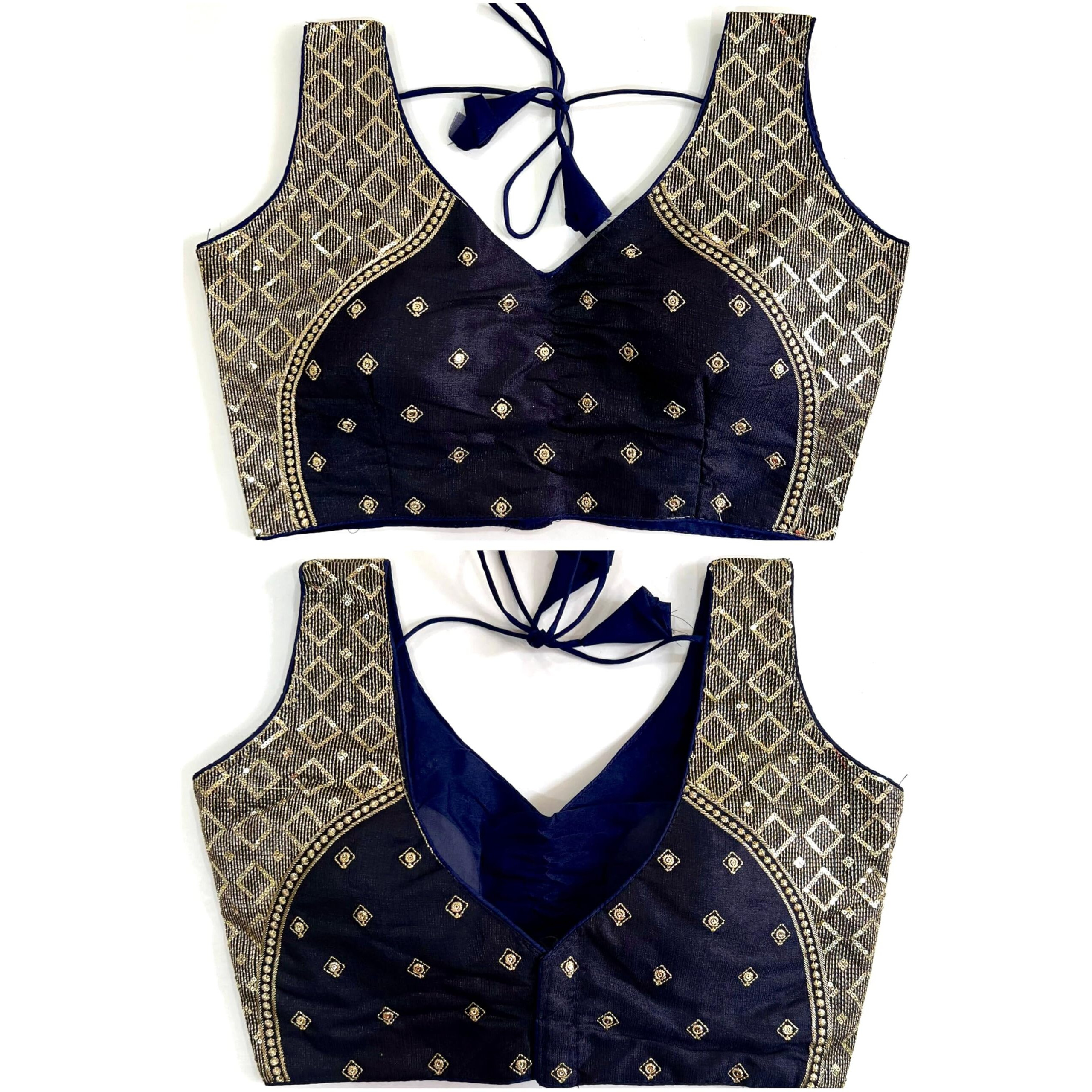 Pujia Mills Women's Sequin Embroidered V Neck Sleeveless Readymade Saree Blouse Indian Ethnic Designer Stitched Women's Readymade Saree Blouse Navy Blue Sleeveless Padded Readymade Blouse for Women