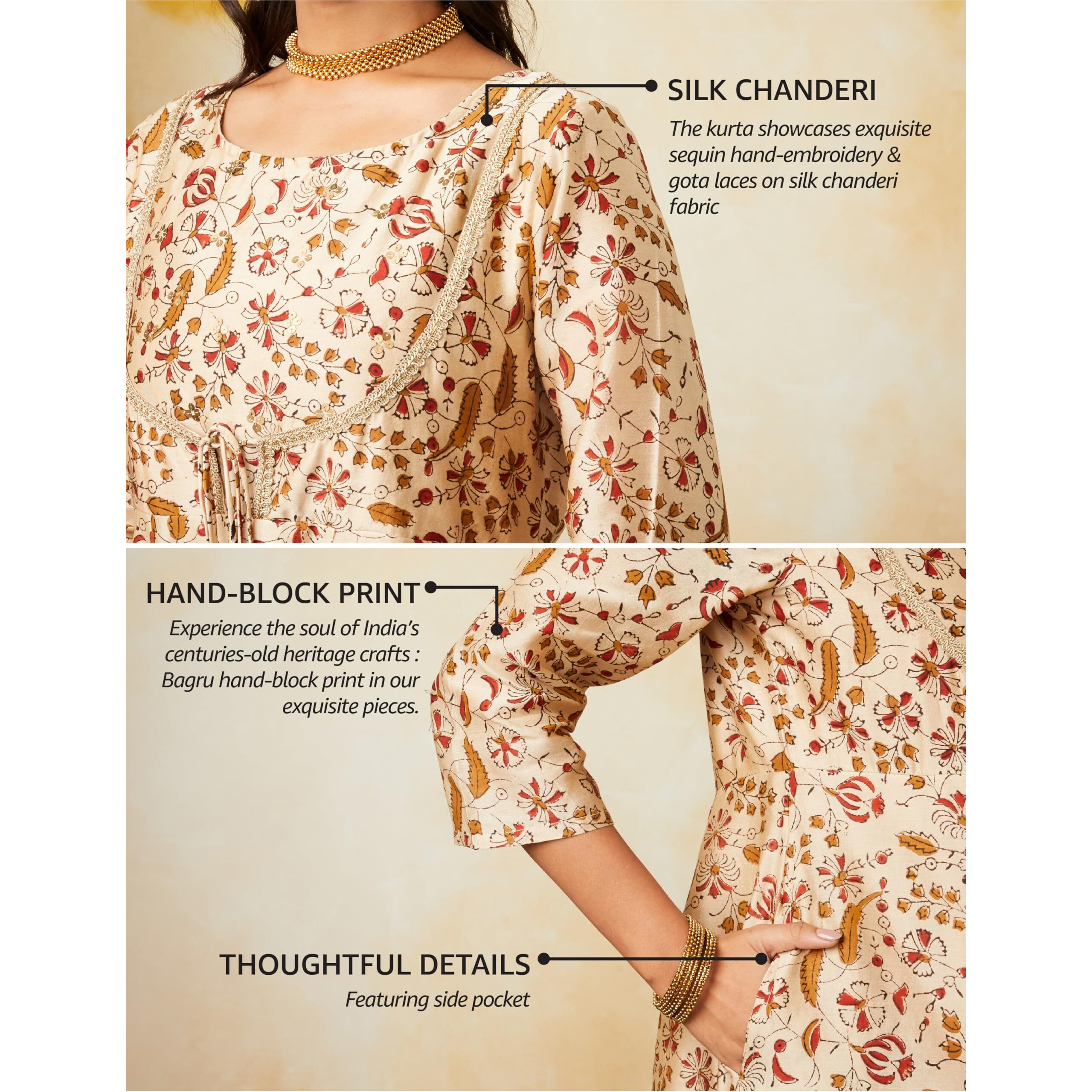 Amazon Brand - Myx Women's Silk Blend Salwar Suit (SS24-MYX-BGRU-SKD-07_Beige Bagru_S)