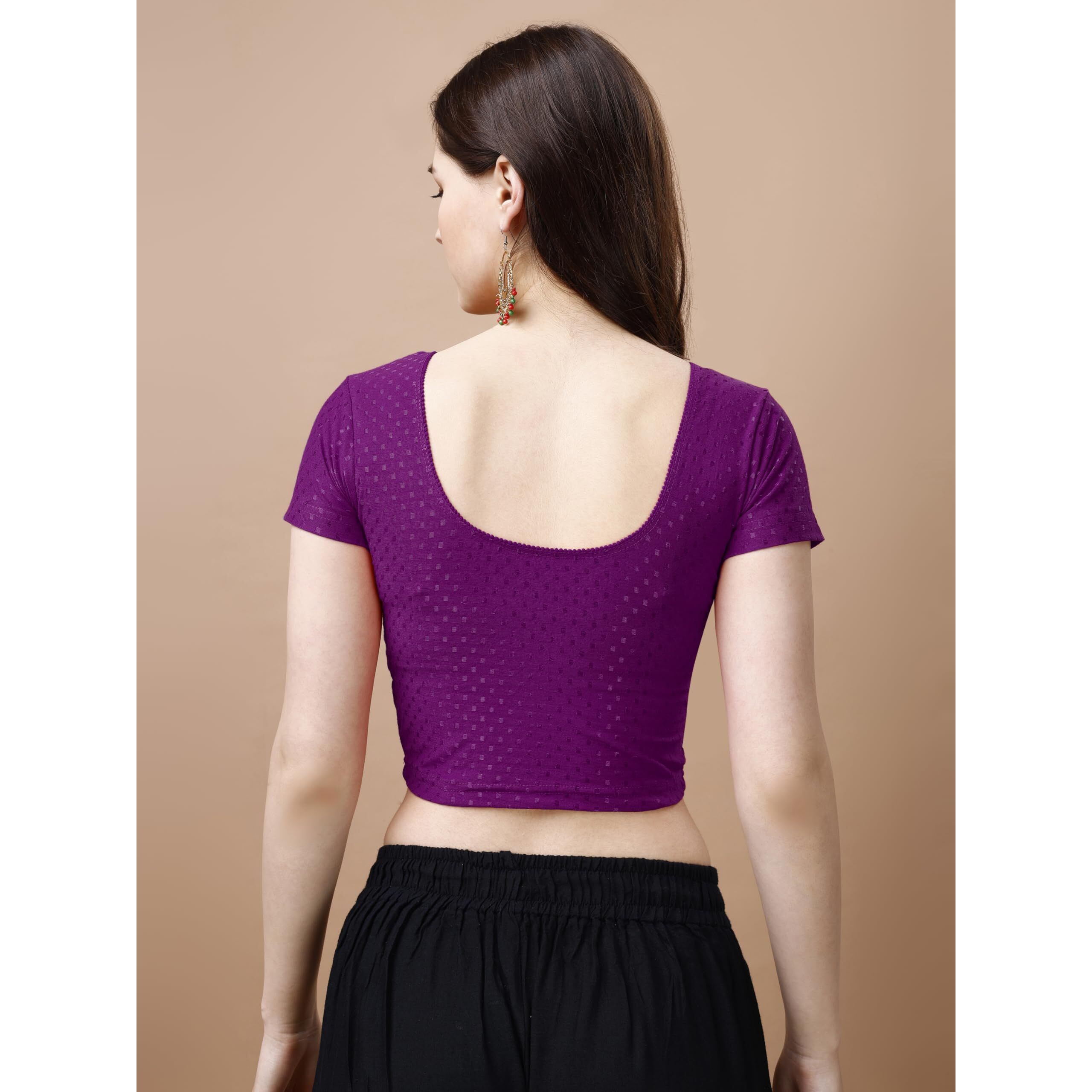 Pujia Mills Women's Readymade Dobby Cotton Lycra Stretchable Round Neck Short Sleeve Blouse Fancy Wine Color Lycra Stretchable Blouse for Women Stylish Readymade Saree Blouse
