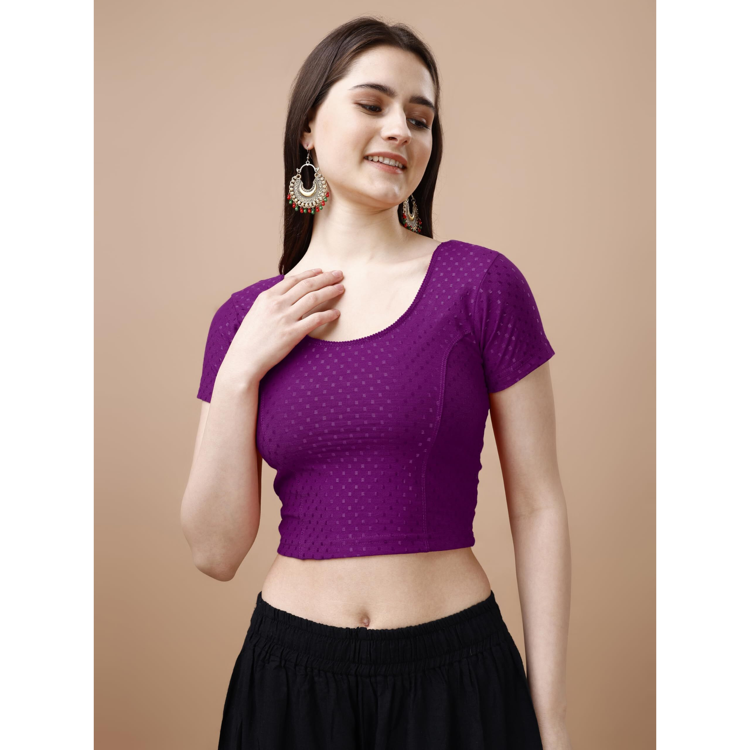 Pujia Mills Women's Readymade Dobby Cotton Lycra Stretchable Round Neck Short Sleeve Blouse Fancy Wine Color Lycra Stretchable Blouse for Women Stylish Readymade Saree Blouse