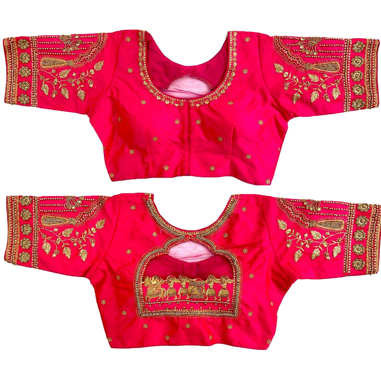 Sumaira Tex Women's Golden Zari Embroidery Work with Heavy Maggam Work Pink Blouse(Ruby Pink_38)