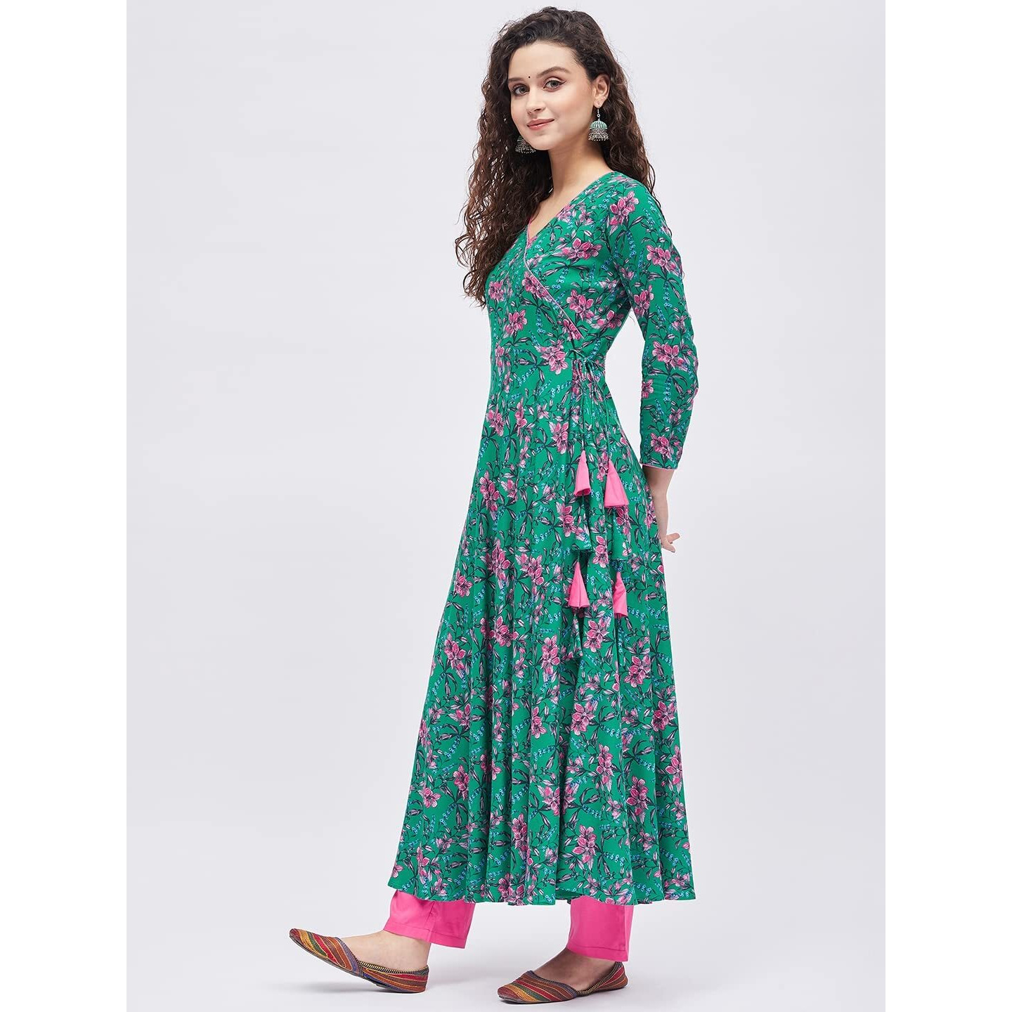Tissu Women's Rayon Dark Green & Pink Floral Printed Angrakha Kurta 2209_Green_6XL
