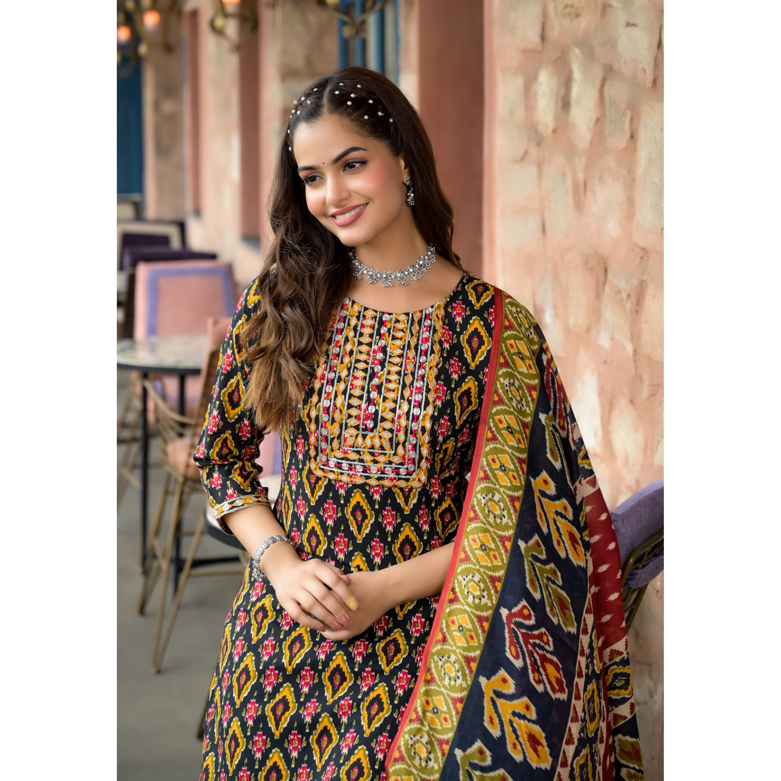 KLOSIA Women Viscose Printed Kurta and Pant Set with Dupatta (Medium)