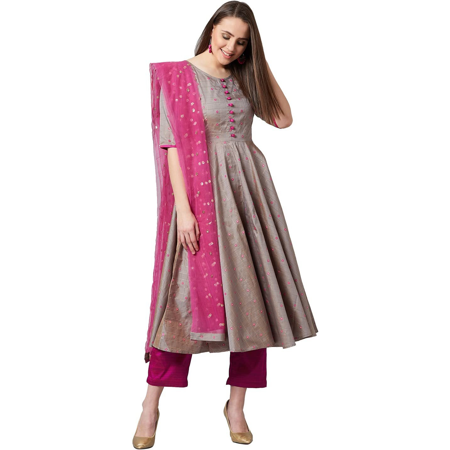 Women's Anarkali Silk Blend Kurta Set with Pant Bottom and Dupatta (KSETPANI701-S) Grey
