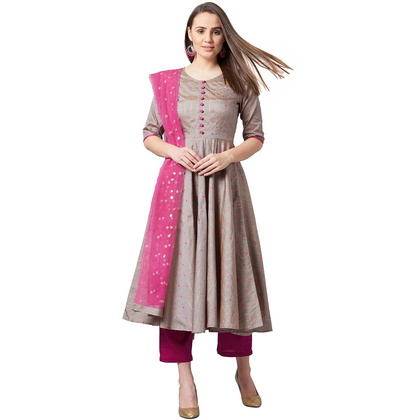 Women's Anarkali Silk Blend Kurta Set with Pant Bottom and Dupatta (KSETPANI701-S) Grey