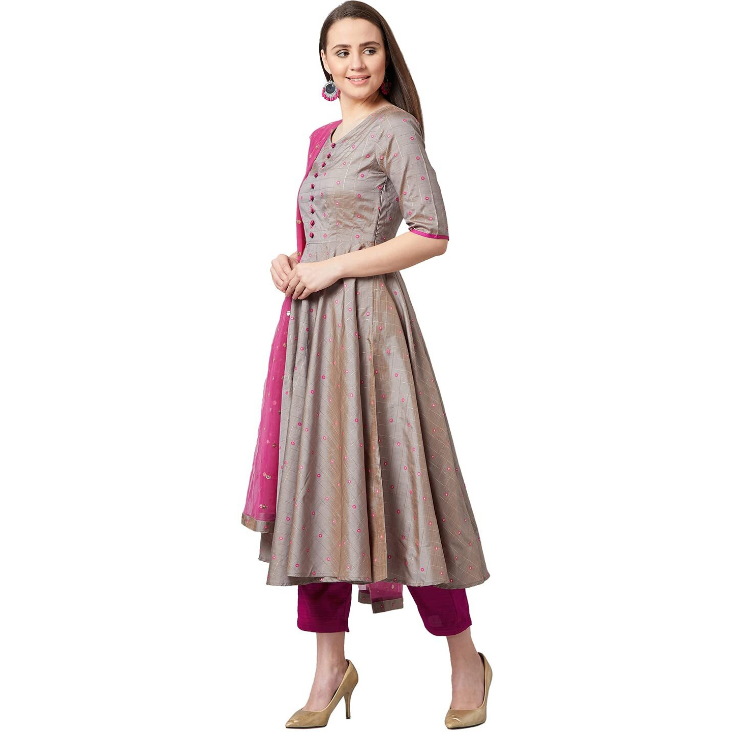 Women's Anarkali Silk Blend Kurta Set with Pant Bottom and Dupatta (KSETPANI701-S) Grey