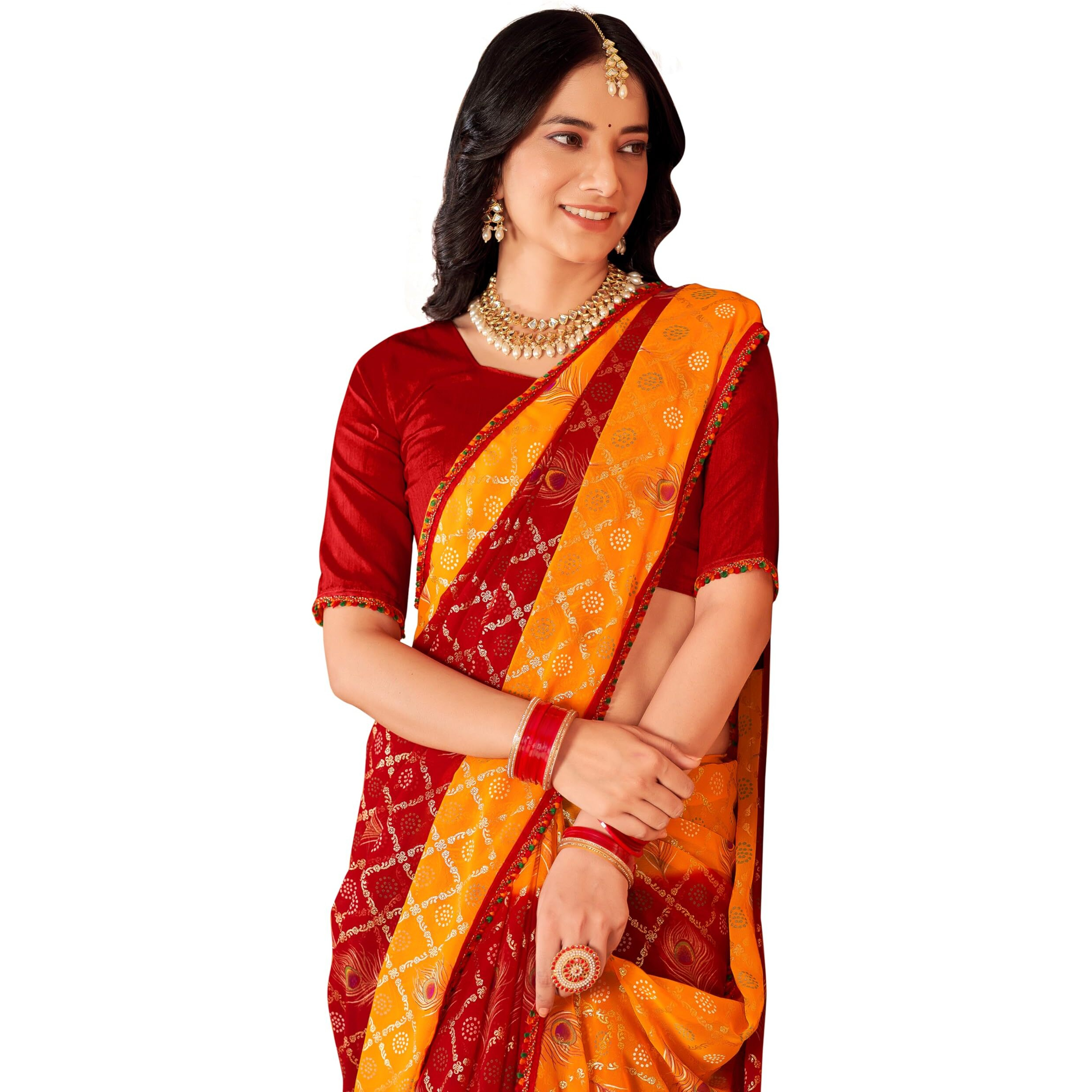 Glory Sarees Women's Georgette Bandhani Foil Print Saree With Blouse Piece (Bandhani107_Maroon)
