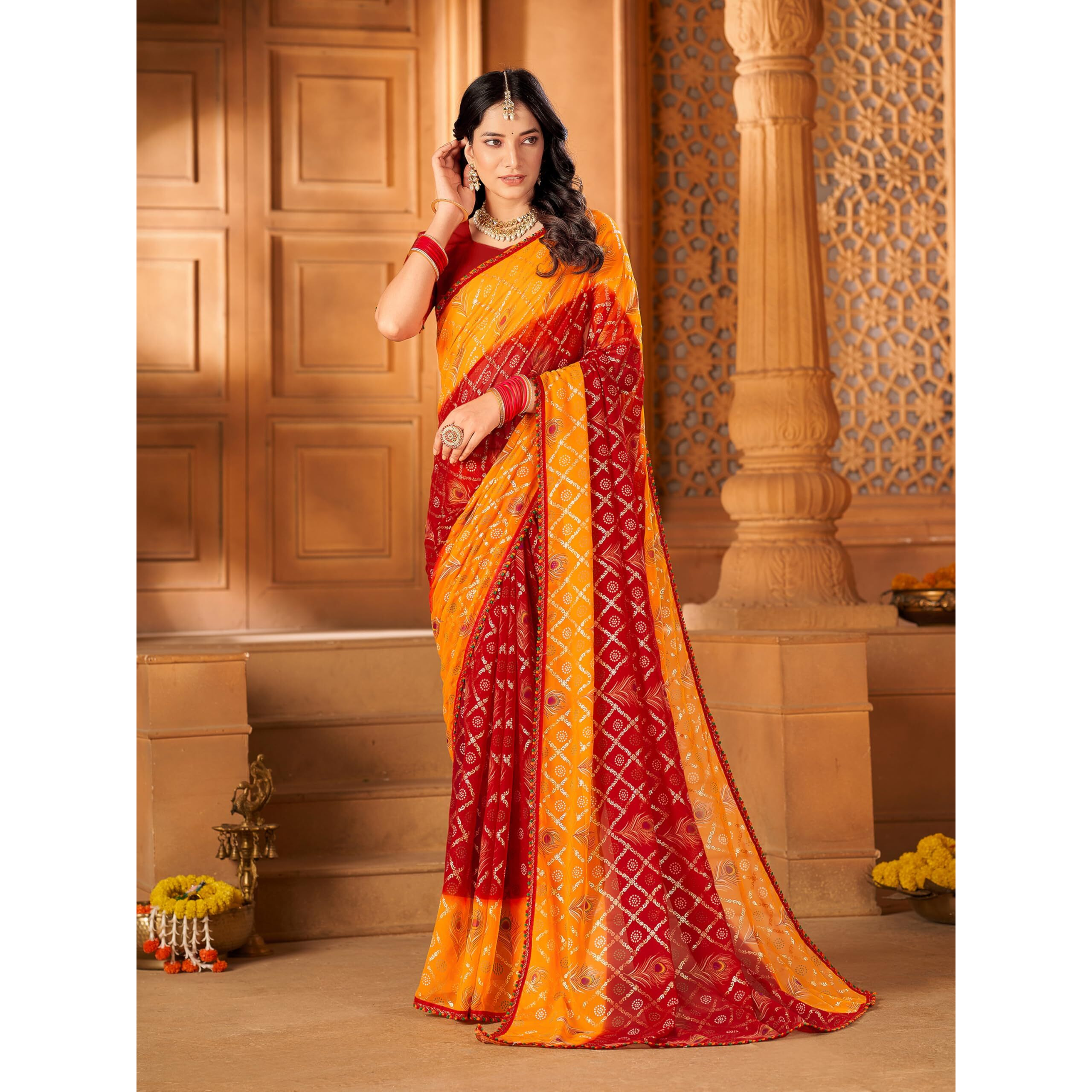 Glory Sarees Women's Georgette Bandhani Foil Print Saree With Blouse Piece (Bandhani107_Maroon)