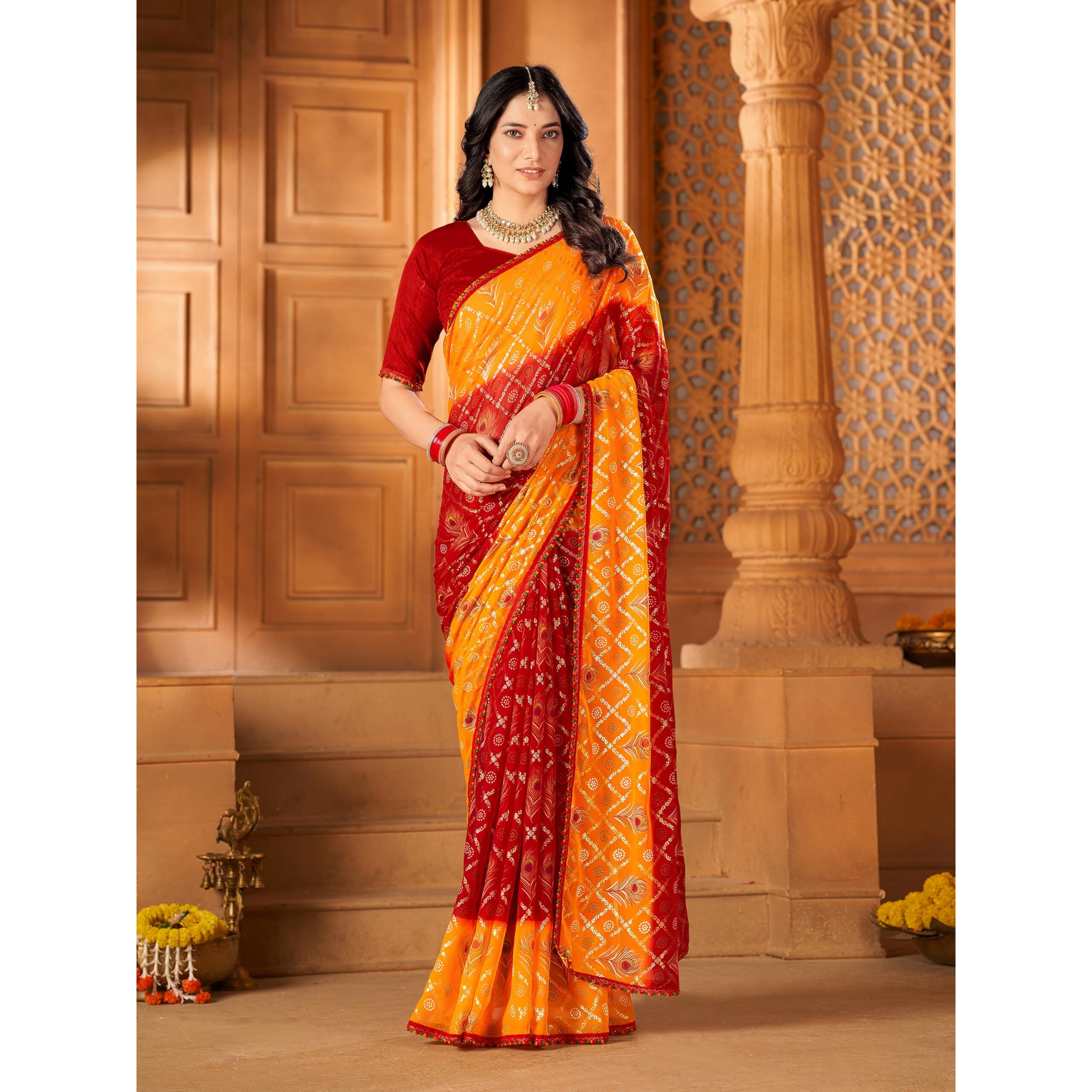 Glory Sarees Women's Georgette Bandhani Foil Print Saree With Blouse Piece (Bandhani107_Maroon)