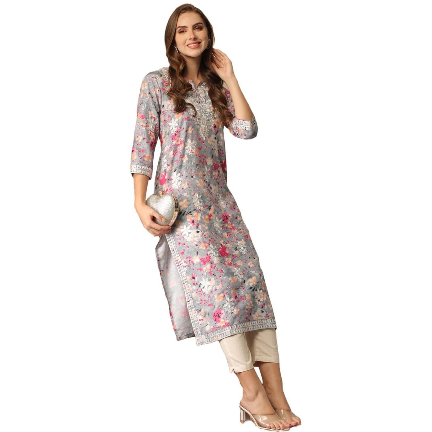 GoSriKi Women's Rayon Blend Chikankari Embroidered Straight Kurta (KISRUP-Multi-NW-GS_M_Grey_Medium)