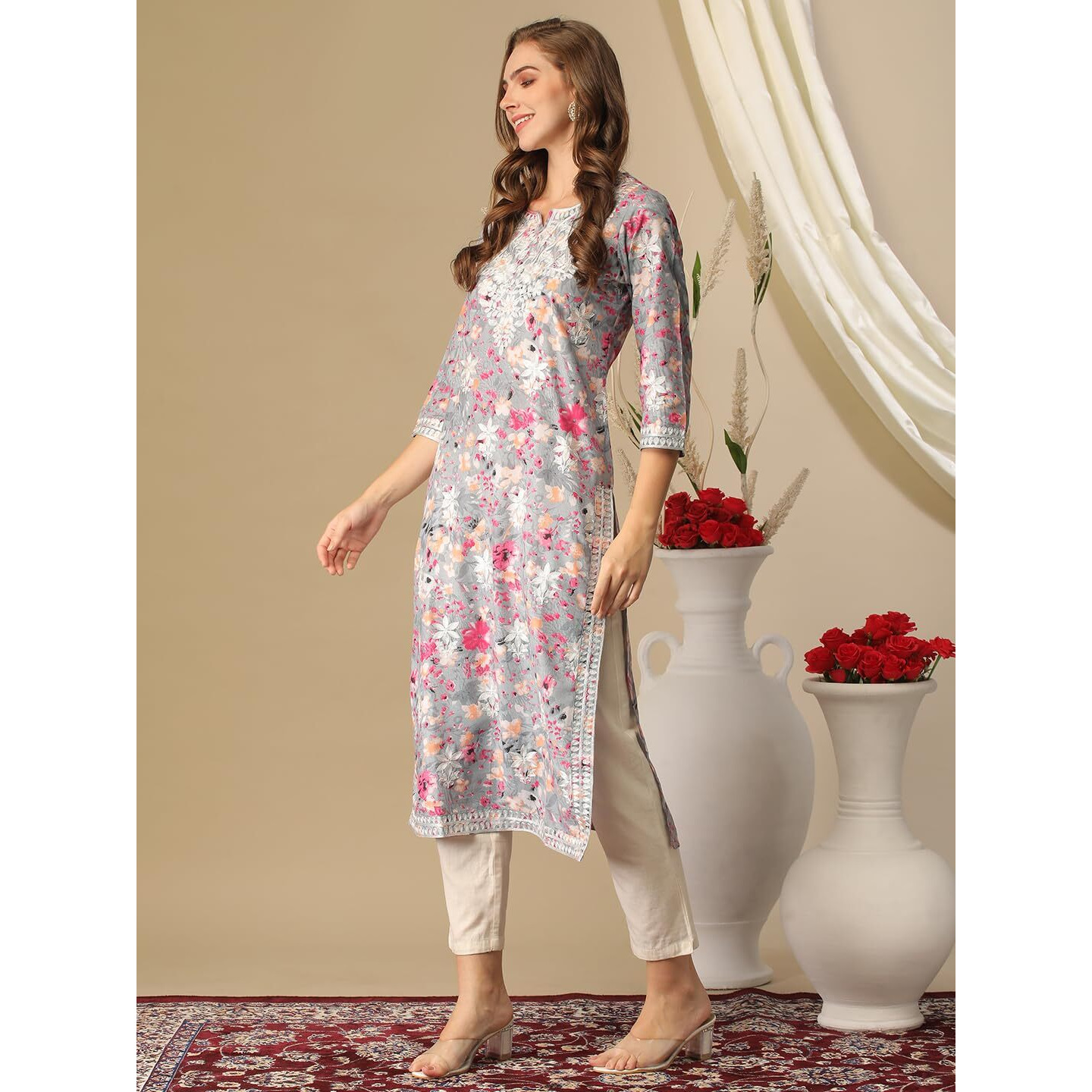 GoSriKi Women's Rayon Blend Chikankari Embroidered Straight Kurta (KISRUP-Multi-NW-GS_M_Grey_Medium)