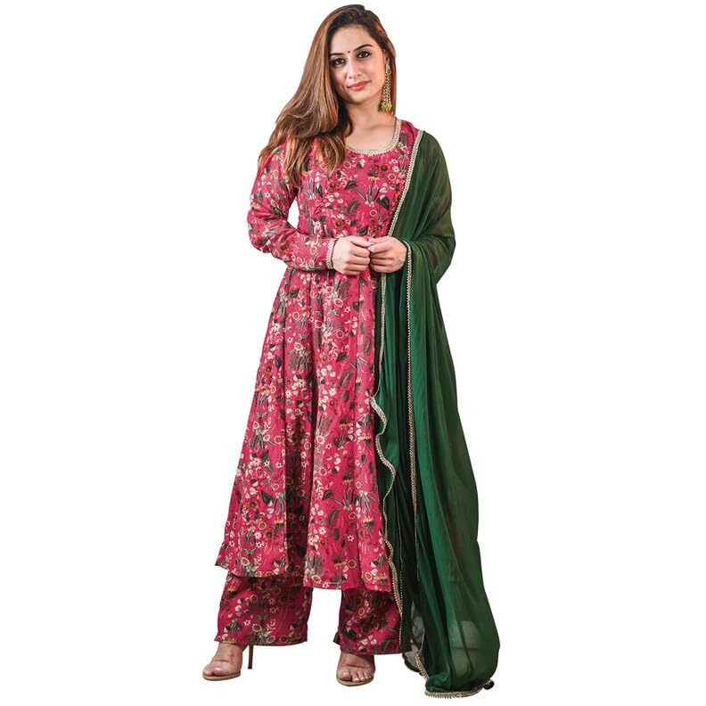 Janasya Women's Pink Georgette Digital Floral Printed Kurta with Palazzo and Dupatta(SET757-KR-PP-R-4XL)