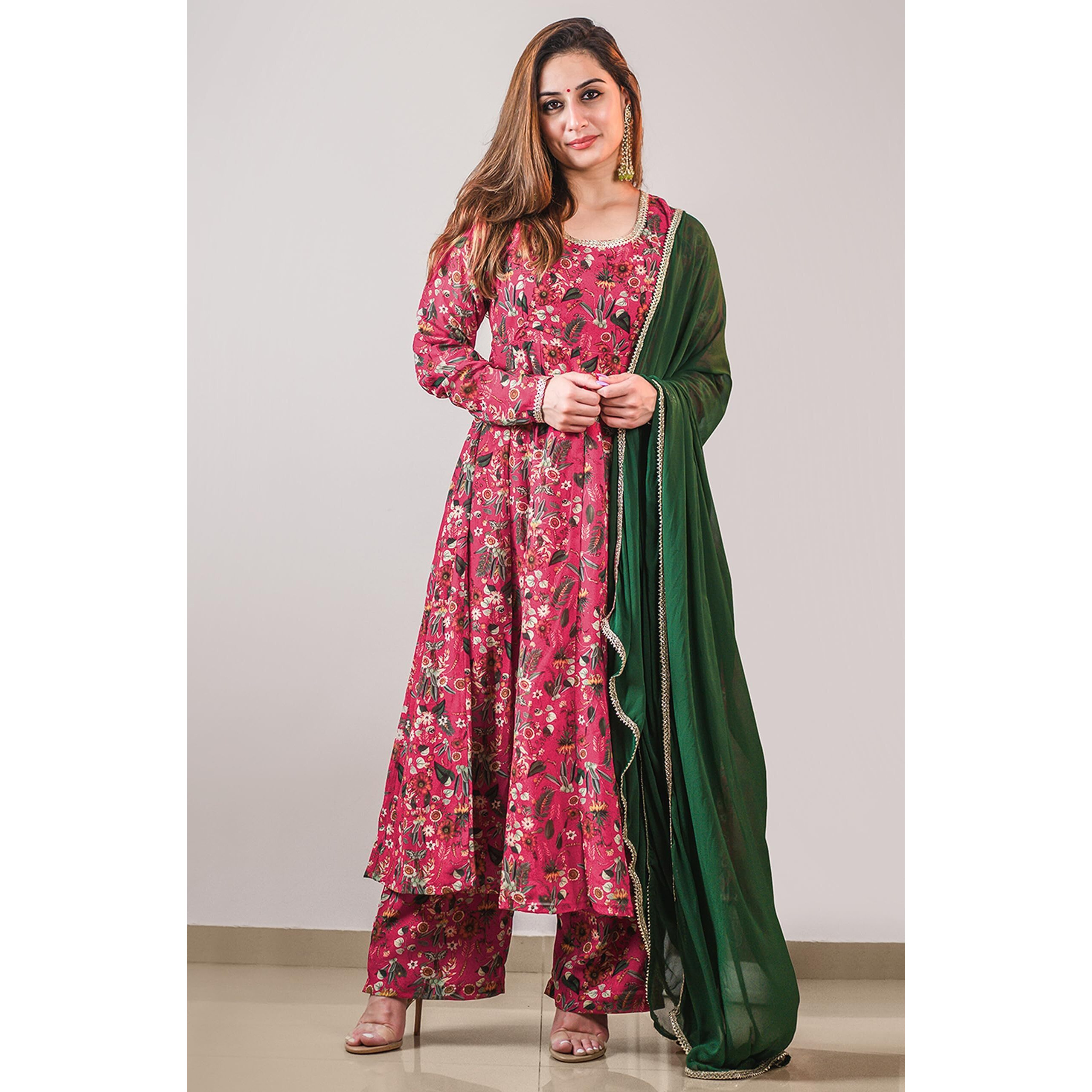 Janasya Women's Pink Georgette Digital Floral Printed Kurta with Palazzo and Dupatta(SET757-KR-PP-R-4XL)