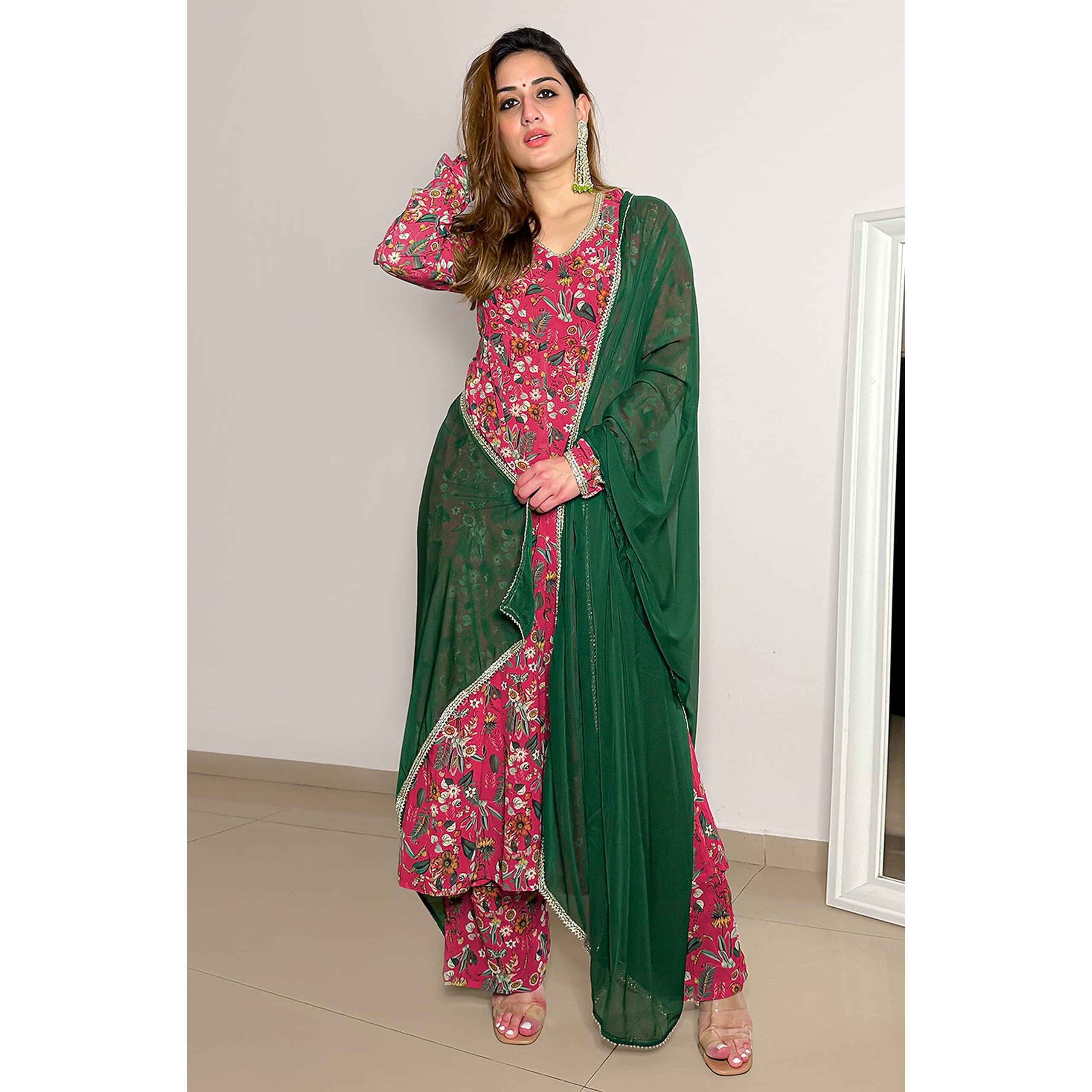 Janasya Women's Pink Georgette Digital Floral Printed Kurta with Palazzo and Dupatta(SET757-KR-PP-R-4XL)