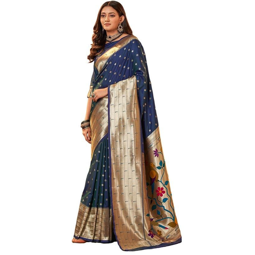 Satrani Women's Silk Dual Tone Paithani Jacquard Saree with Unstitched Blouse Piece (3522S1122N_Dark Blue)