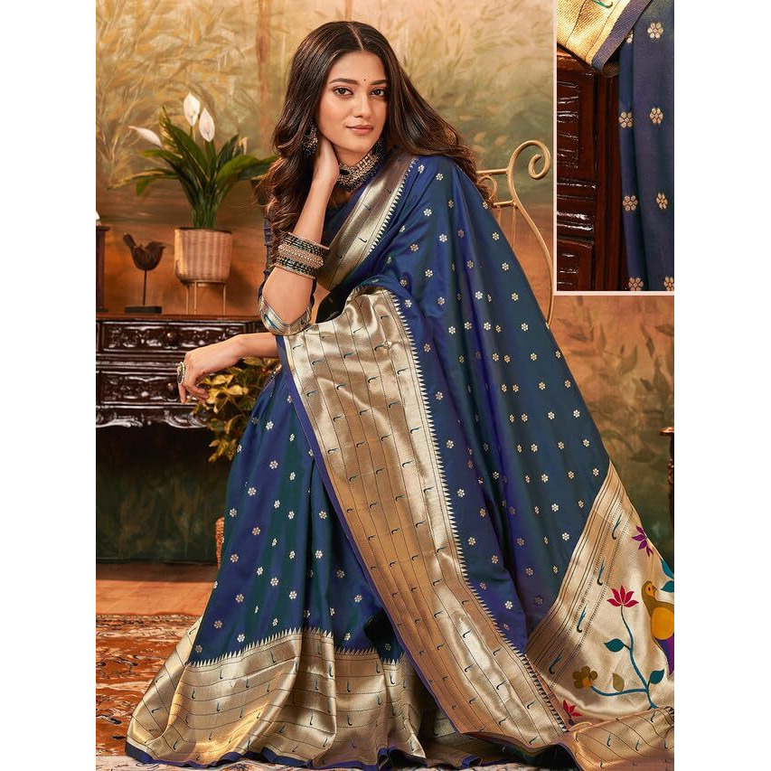 Satrani Women's Silk Dual Tone Paithani Jacquard Saree with Unstitched Blouse Piece (3522S1122N_Dark Blue)