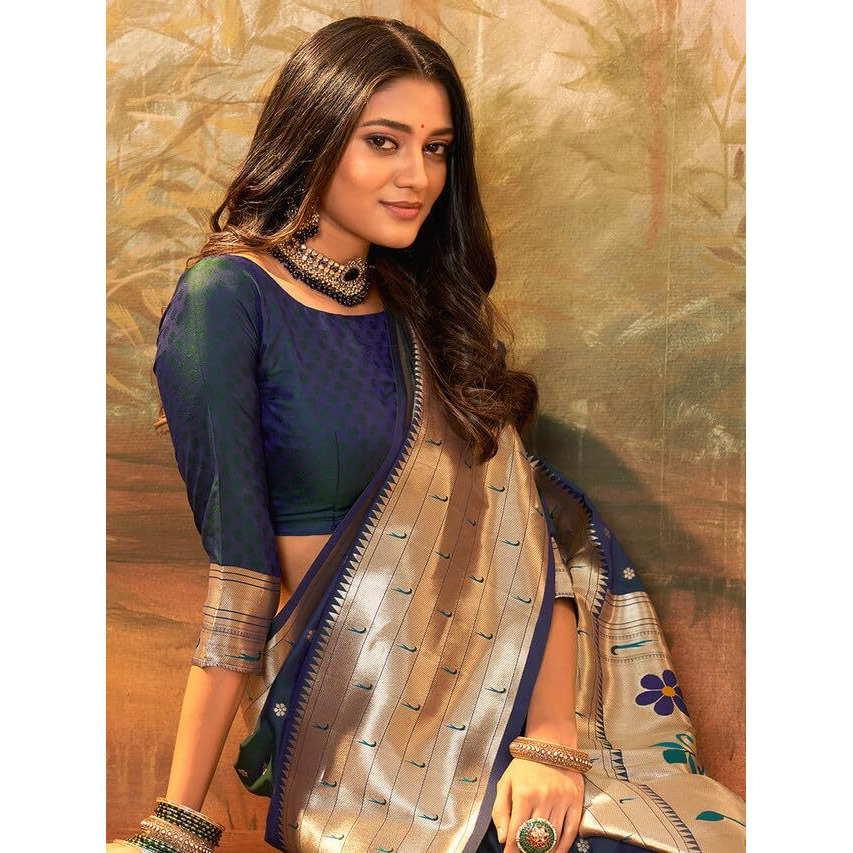 Satrani Women's Silk Dual Tone Paithani Jacquard Saree with Unstitched Blouse Piece (3522S1122N_Dark Blue)